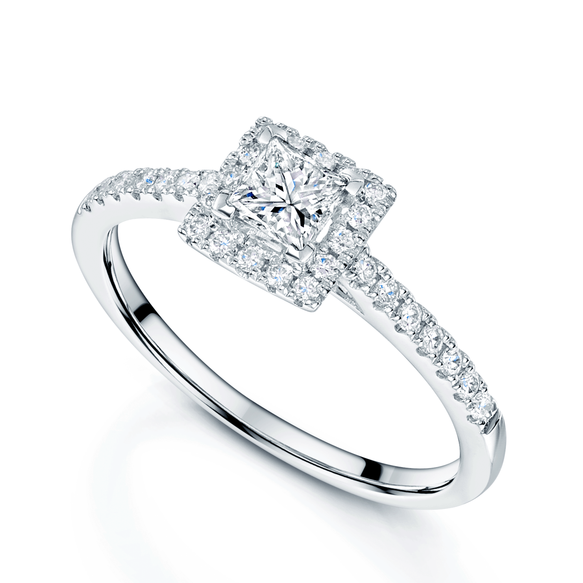 Platinum Princess Cut Diamond Halo Ring With Diamond Set Shoulders