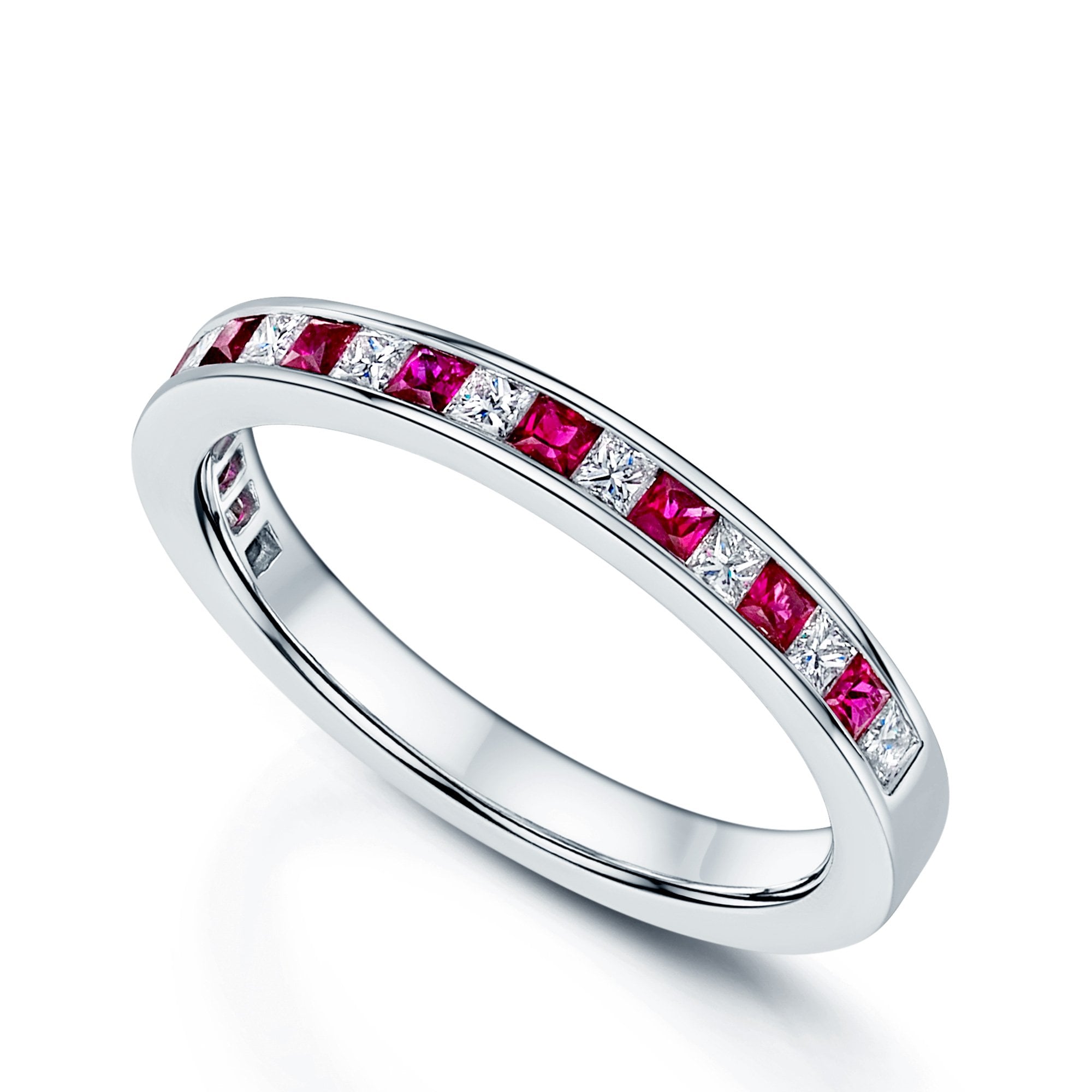 Platinum Princess Cut Diamond & Ruby Half Eternity Ring