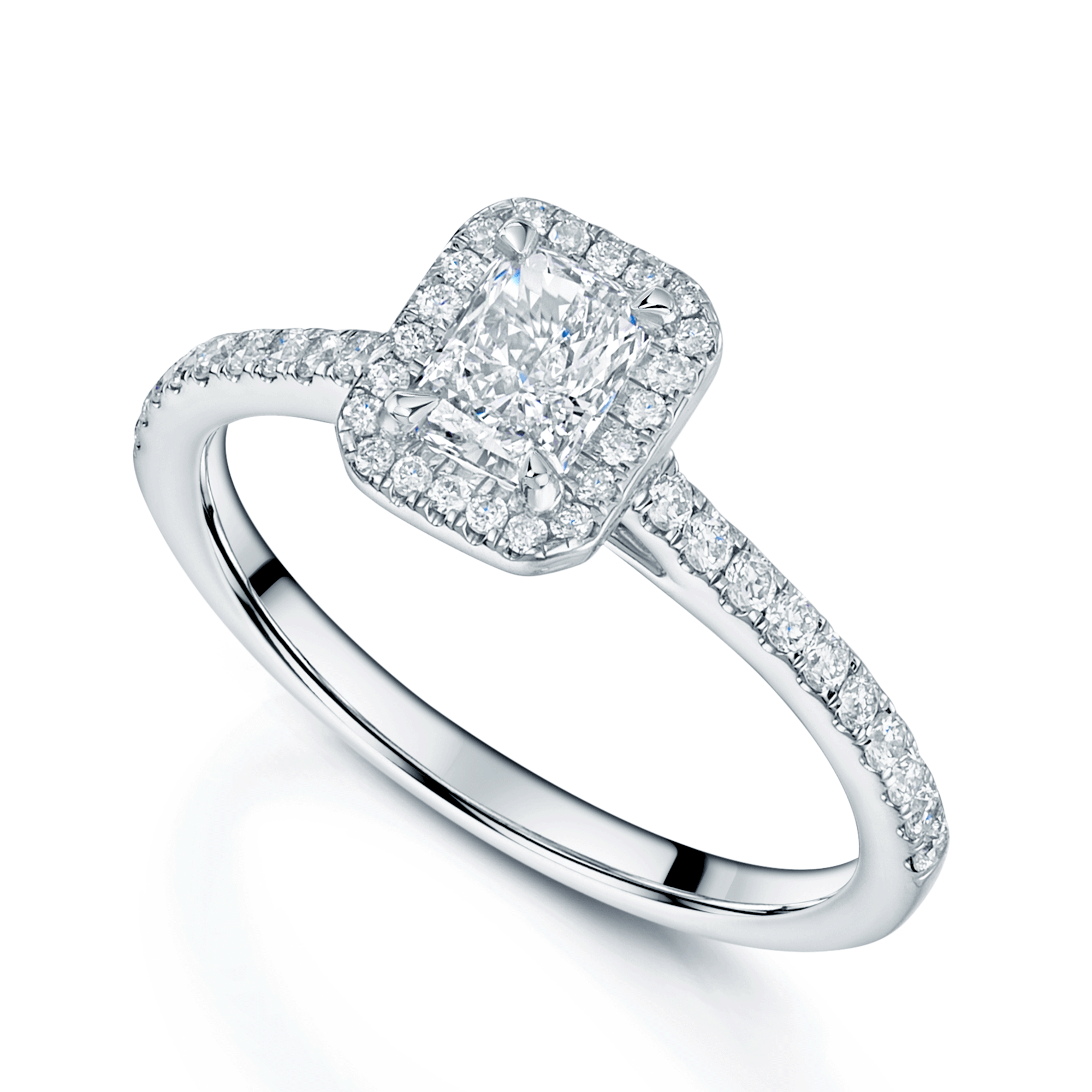 Platinum Radiant And Round Brilliant Cut Diamond Halo Ring With Diamond Set Shoulders