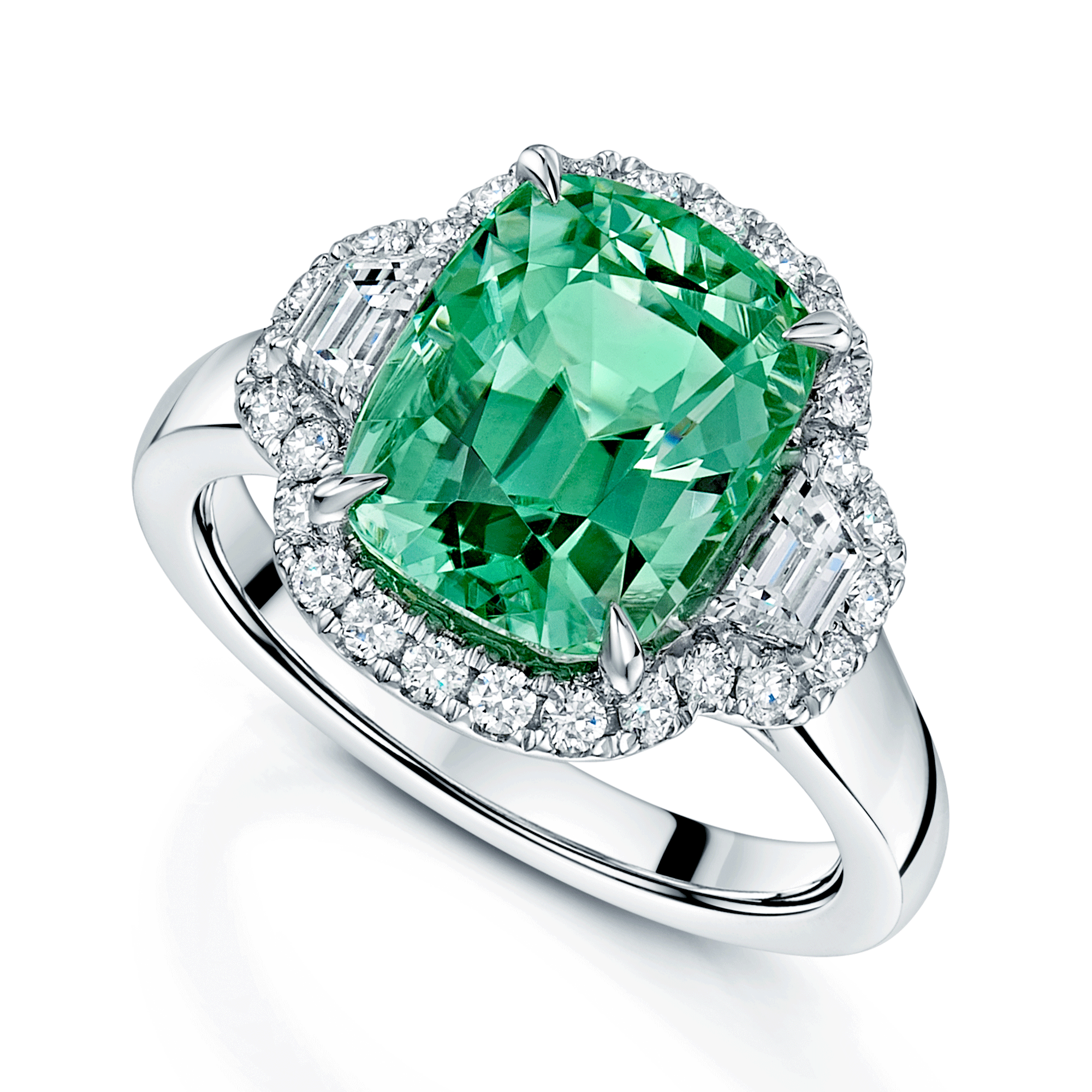 Berry's Platinum Radiant Cut Green Tourmaline And Diamond Cluster Dress Ring - Berry's Jewellers