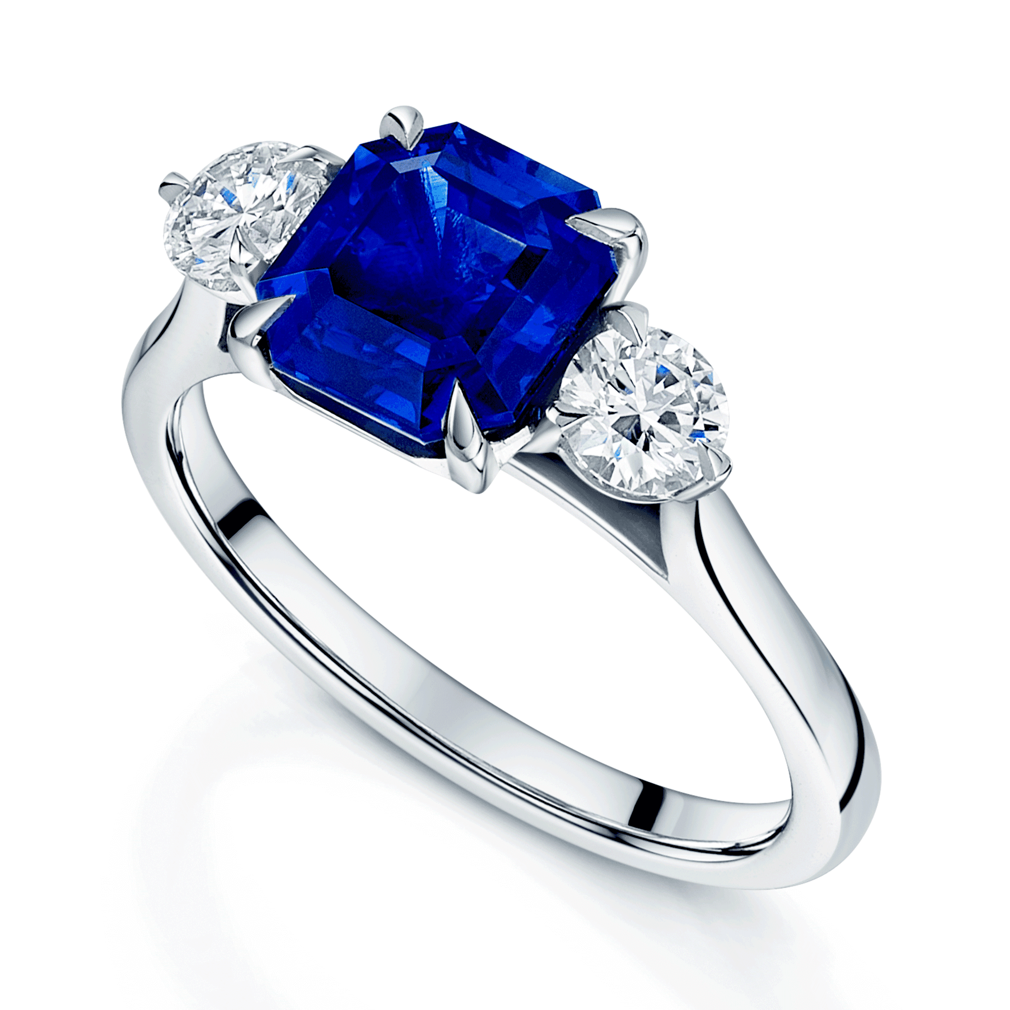 Berry's Platinum Rectangular Step Cut Sapphire &  GIA Brilliant Cut Diamond Three Stone Ring - Berry's Jewellers