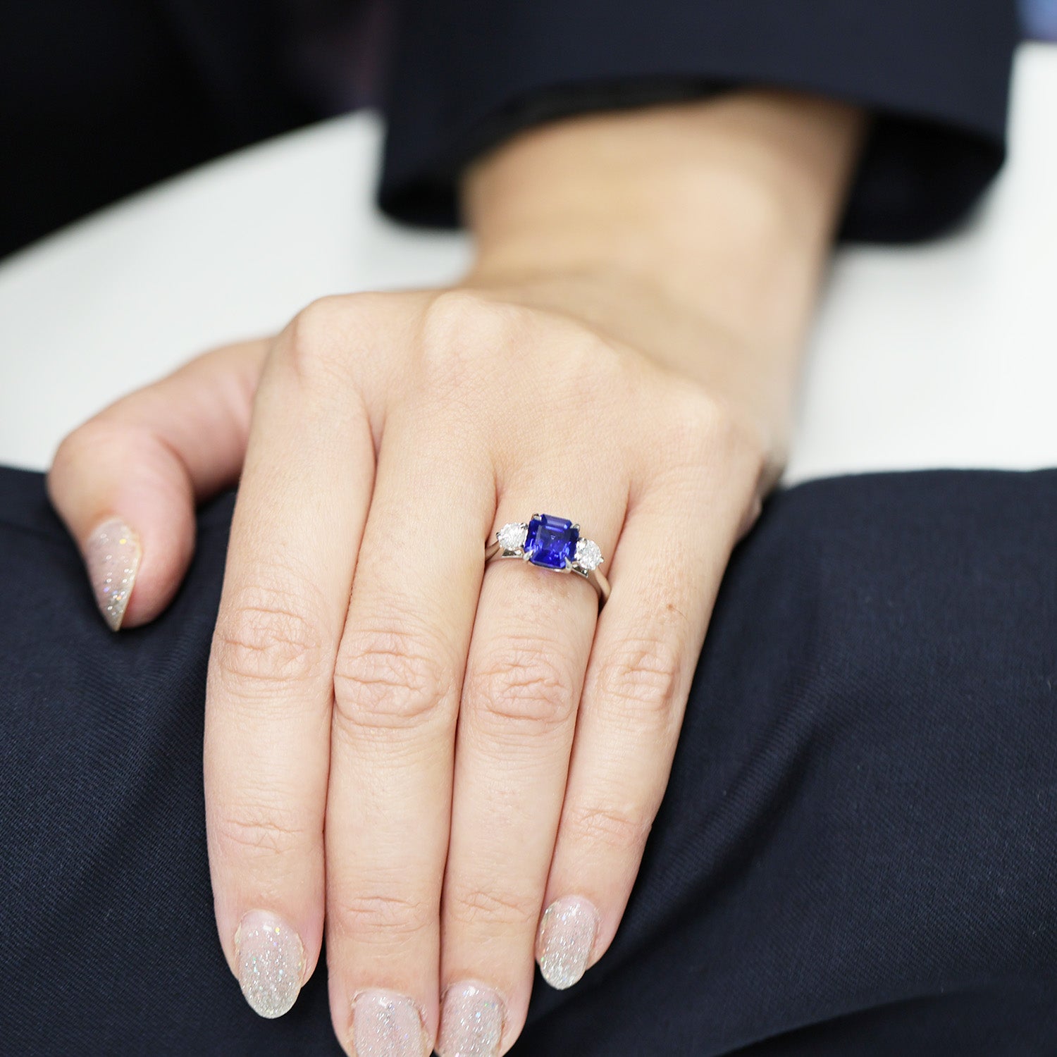 Berry's Platinum Rectangular Step Cut Sapphire &  GIA Brilliant Cut Diamond Three Stone Ring - Berry's Jewellers