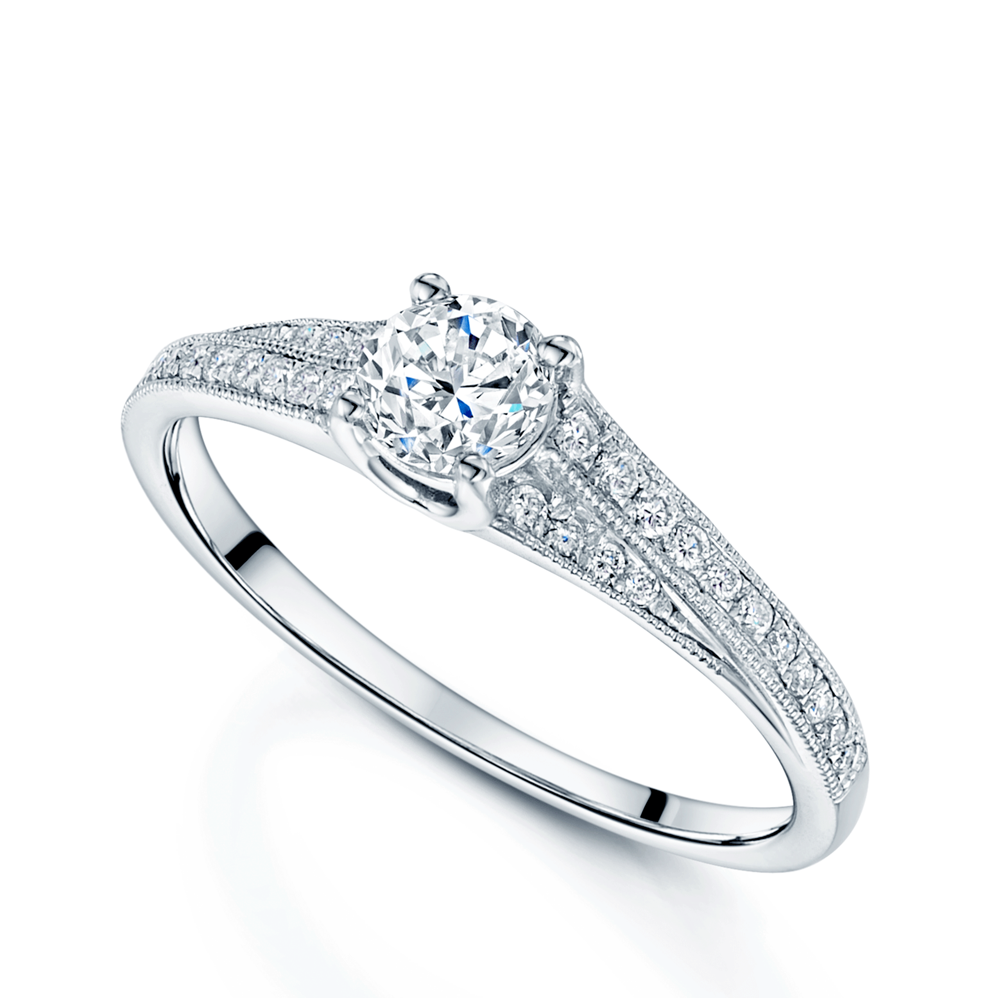 Platinum Round Brilliant Cut 0.30 Carat Diamond Claw Set Ring With Diamond Shoulders With Millgrain Edges