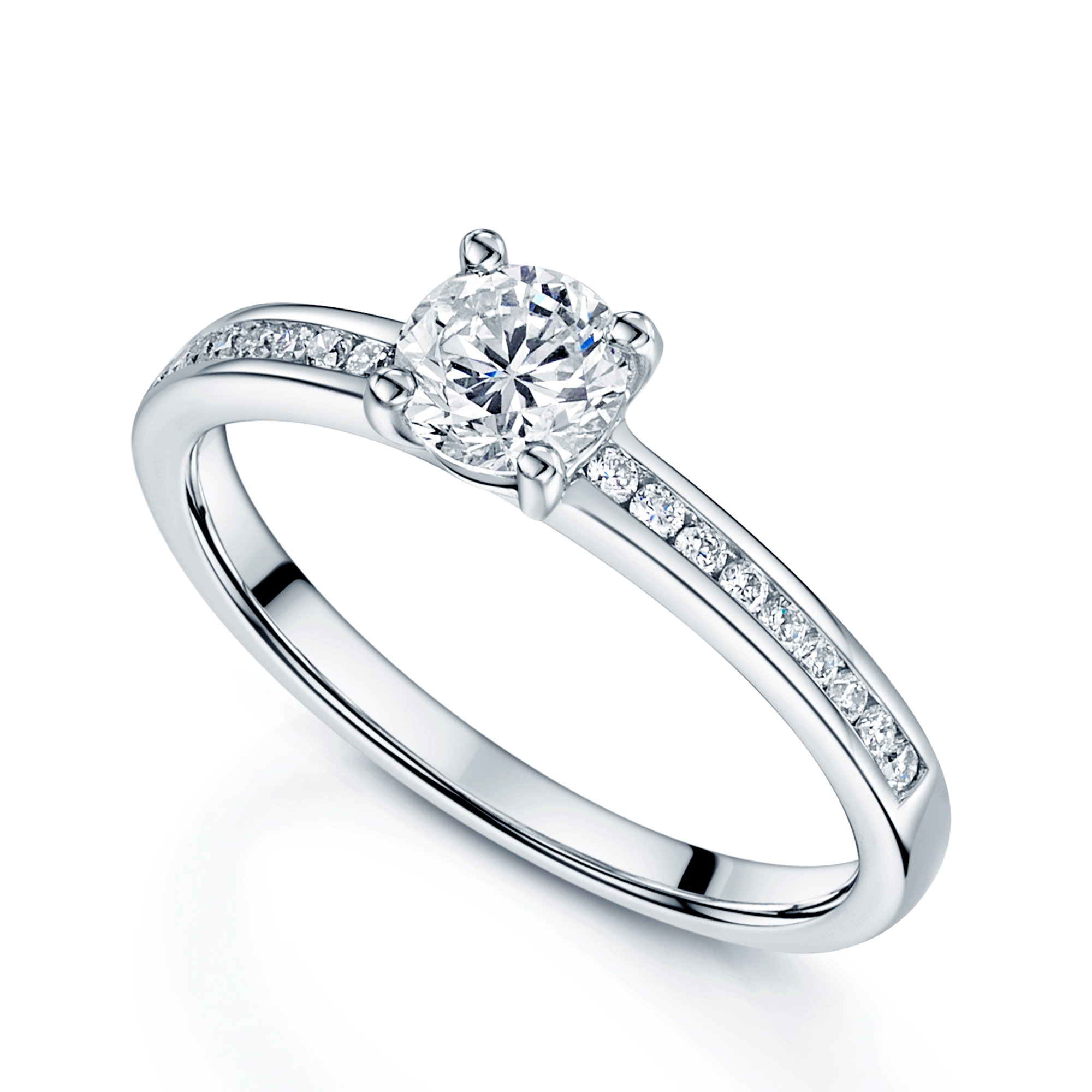 Platinum Round Brilliant Cut 0.50 Carat Diamond Solitaire Ring With Diamond Channel Set Shoulders