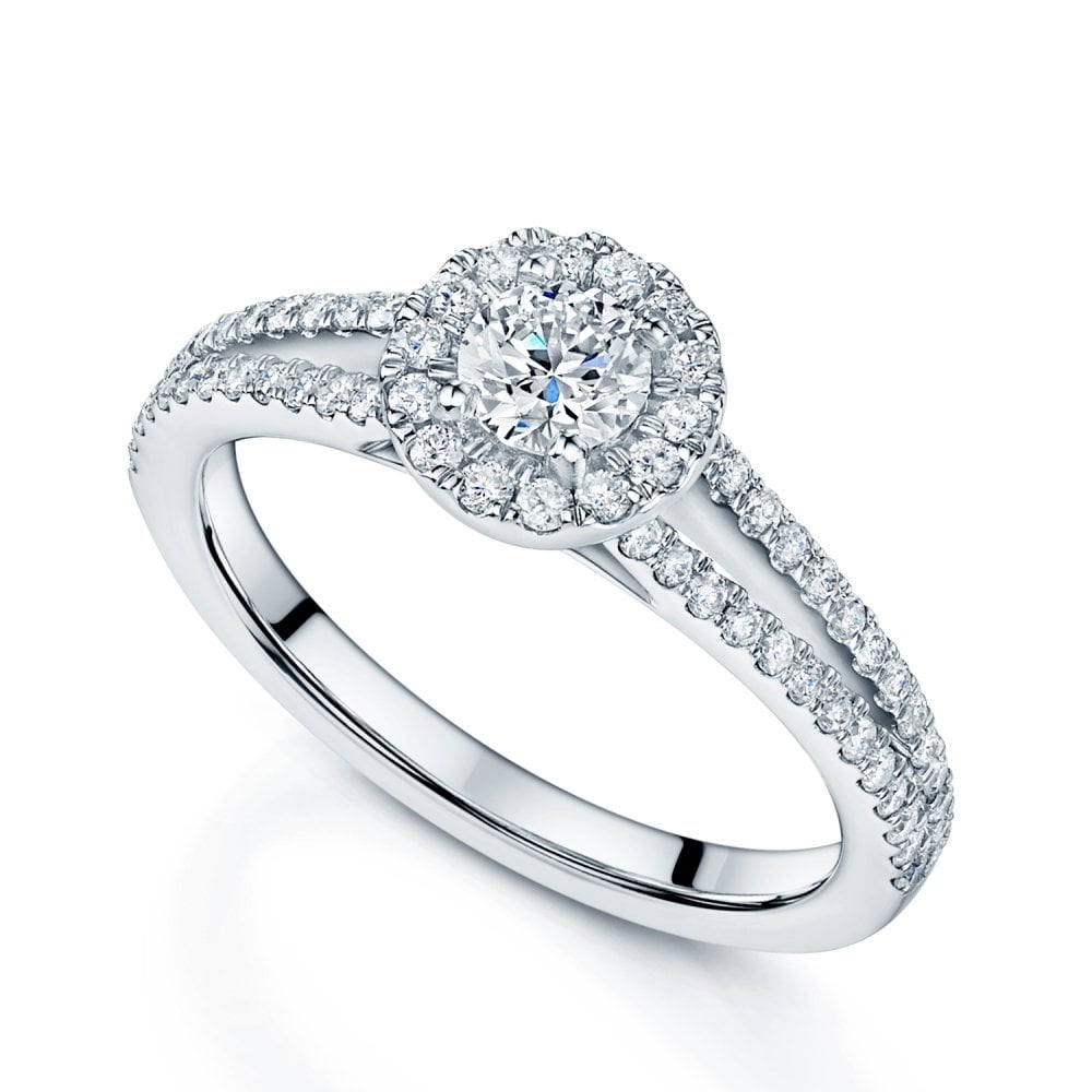 Platinum Round Brilliant Cut Diamond Cluster Ring With Split Diamond Shoulders