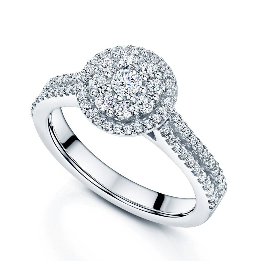 Platinum Round Brilliant Cut Diamond Cluster Ring With Two Row Diamond Shoulders