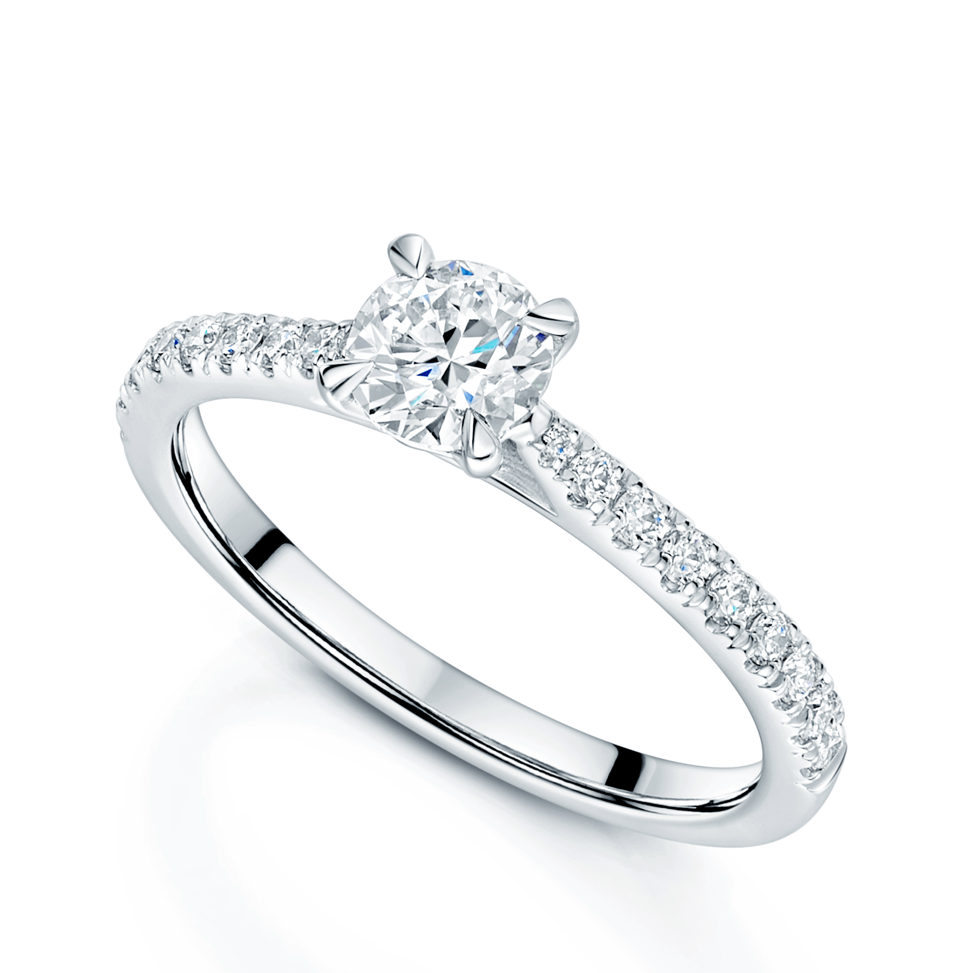 Platinum Round Brilliant Cut Diamond Engagement Ring With Diamond Set Shoulders