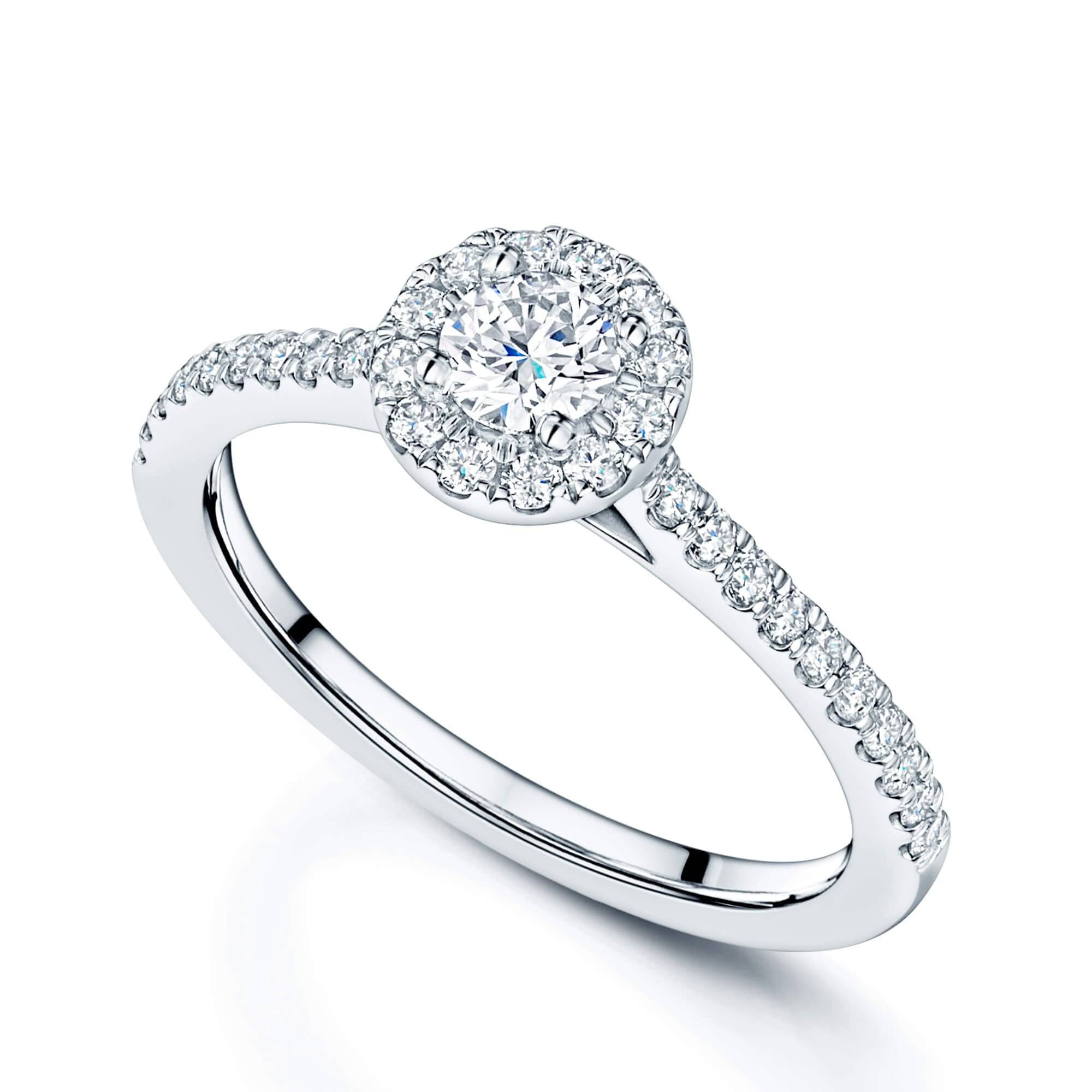 Berry's Platinum Round Brilliant Cut Diamond Halo Solitaire Ring With Diamond Shoulders - Berry's Jewellers