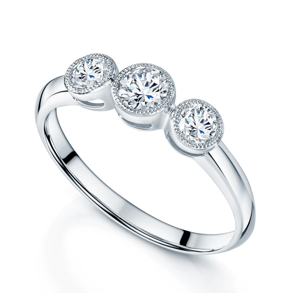 Berry's Platinum Round Brilliant Cut Diamond Millgrain Rubover Trilogy Ring - Berry's Jewellers