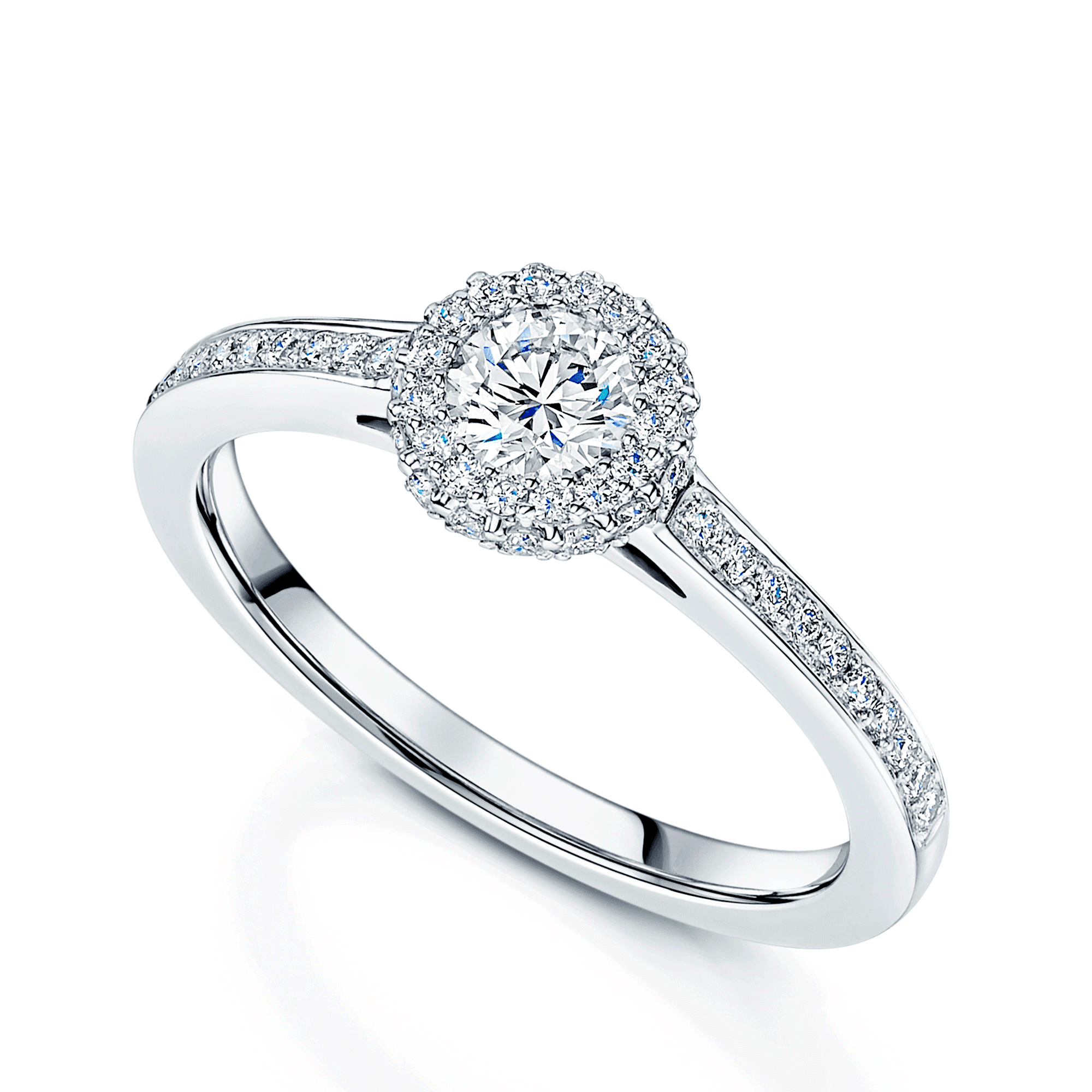 Berry's Platinum Round Brilliant Cut Diamond Ring With A Double Diamond Set Halo & Diamond Shoulders - Berry's Jewellers