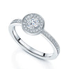 Platinum Round Brilliant Cut Diamond Ring With Diamond Halo and Channel Set Shoulders