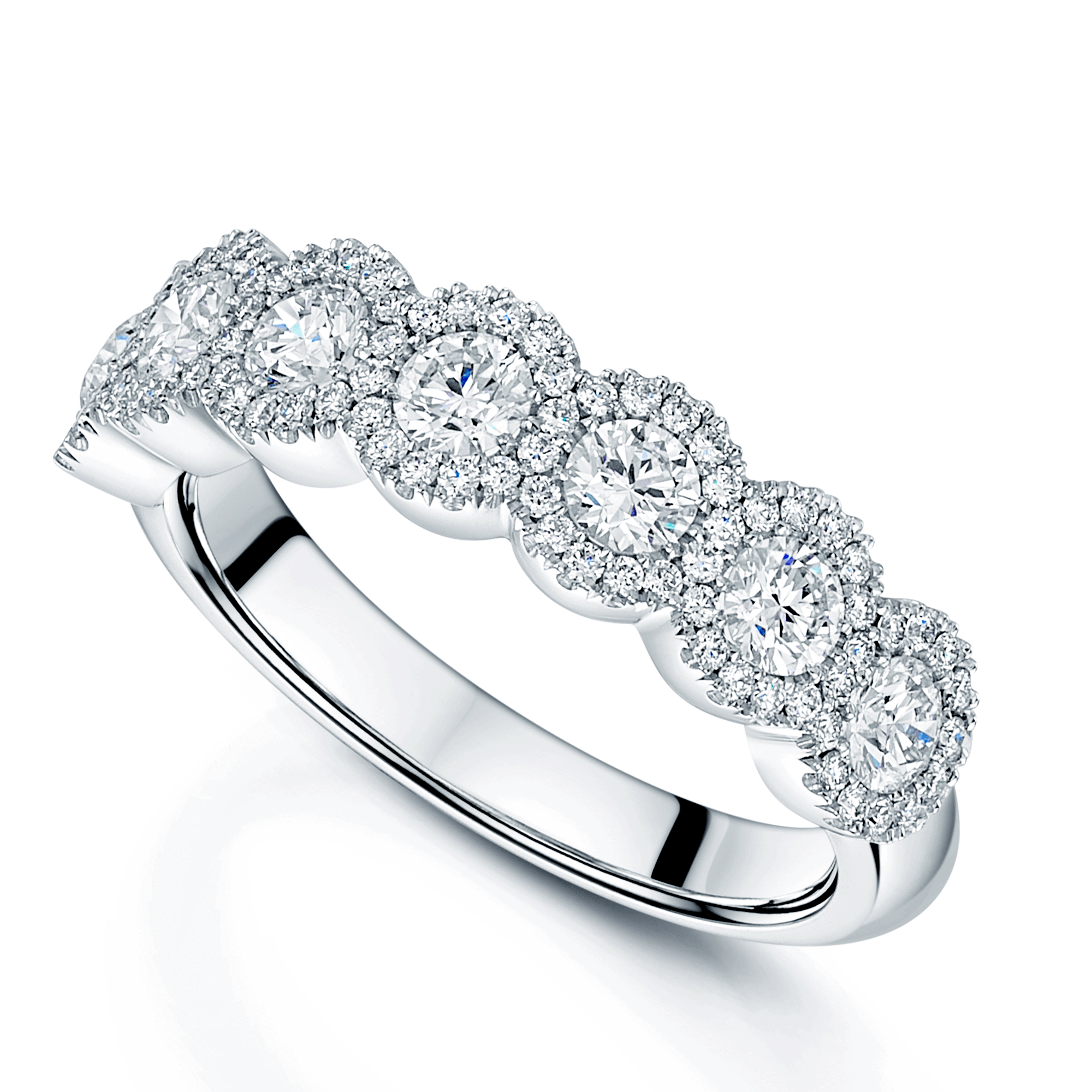 Berry's Platinum Round Brilliant Cut Diamond Seven Stone Halo Set Half Eternity Ring - Berry's Jewellers