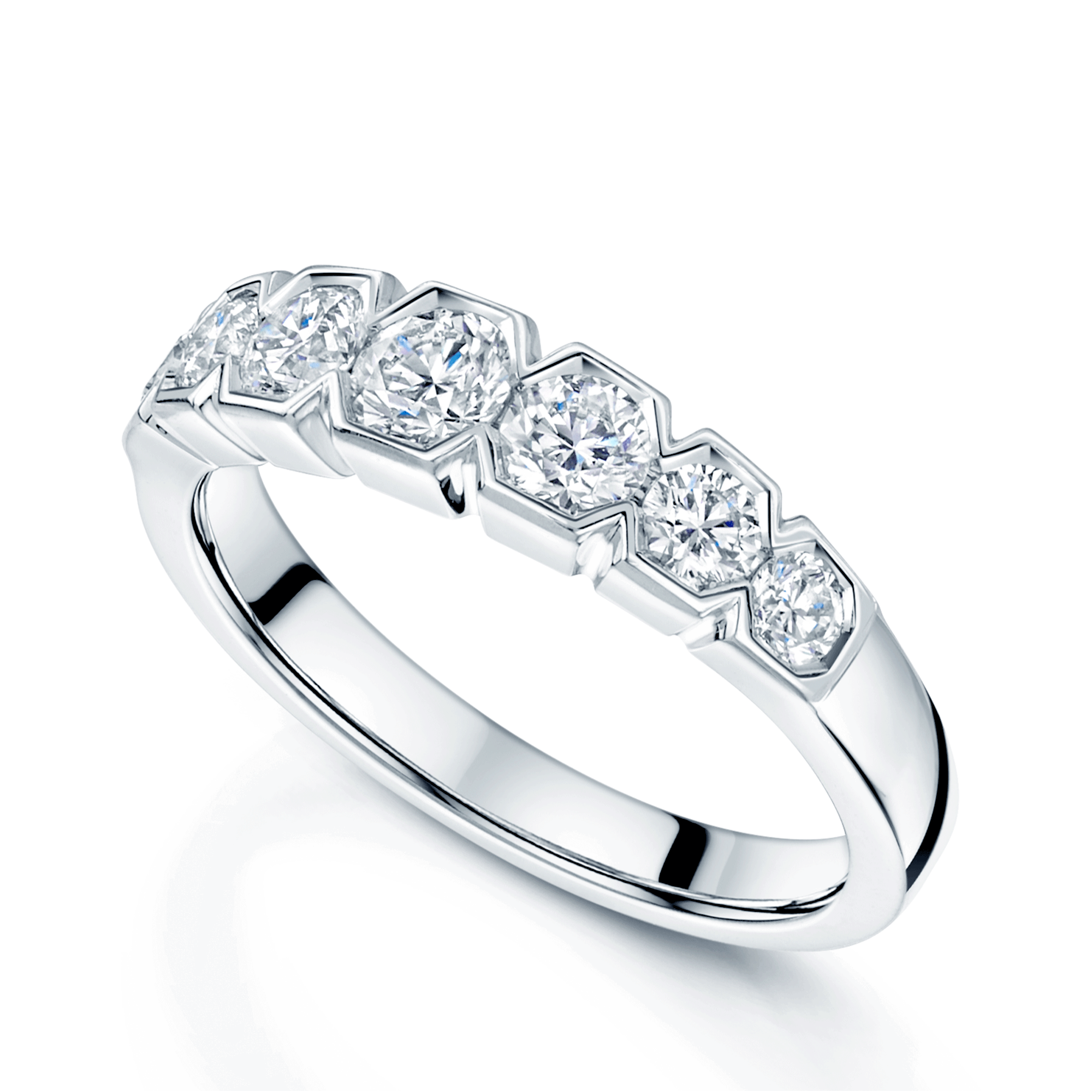 Platinum Round Brilliant Cut Diamond Seven Stone Rub Over Set Eternity Ring