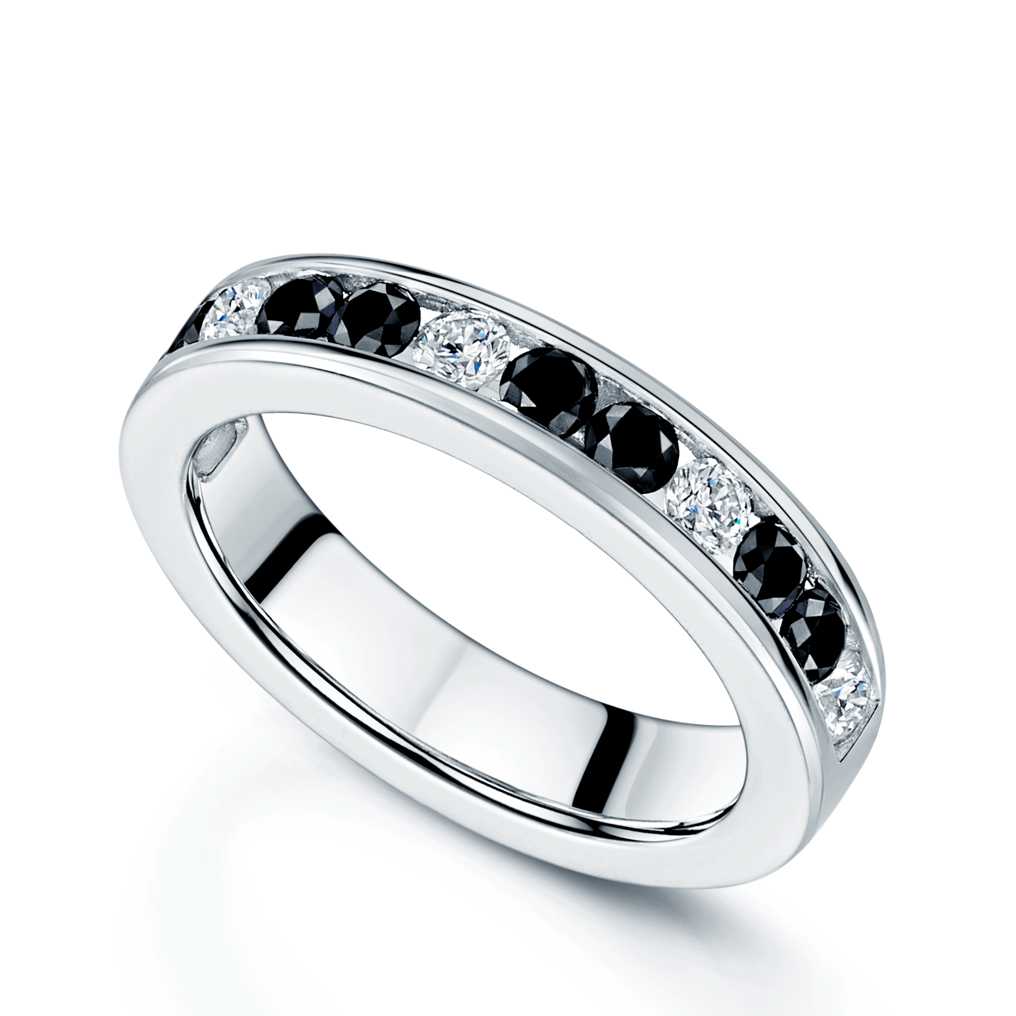 Platinum Round Brilliant Cut Eight Black & White Diamond Channel Set Half Eternity Ring