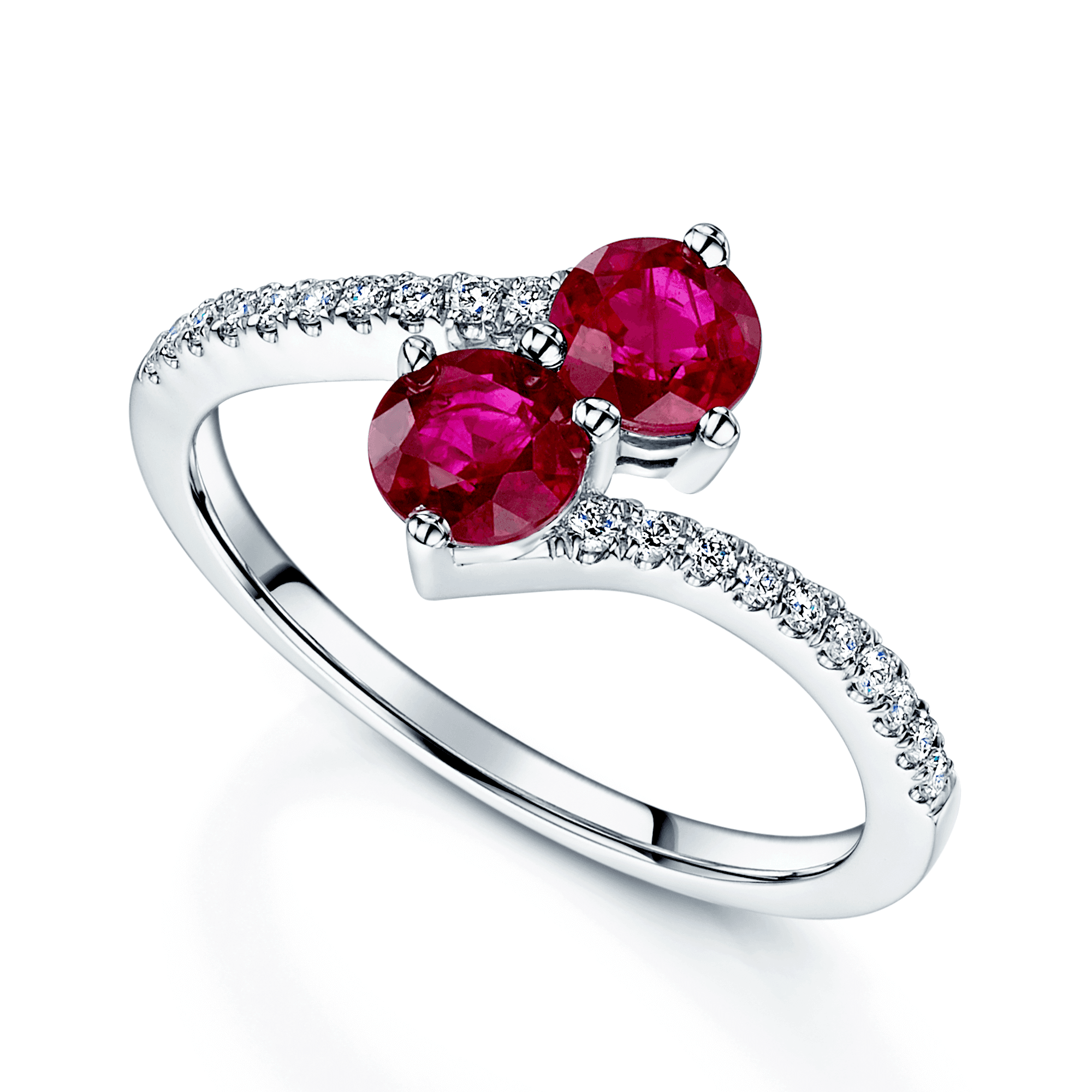 Berry's Platinum Round Brilliant Cut Ruby Two Stone Twist Ring With Diamond Set Shoulders - Berry's Jewellers