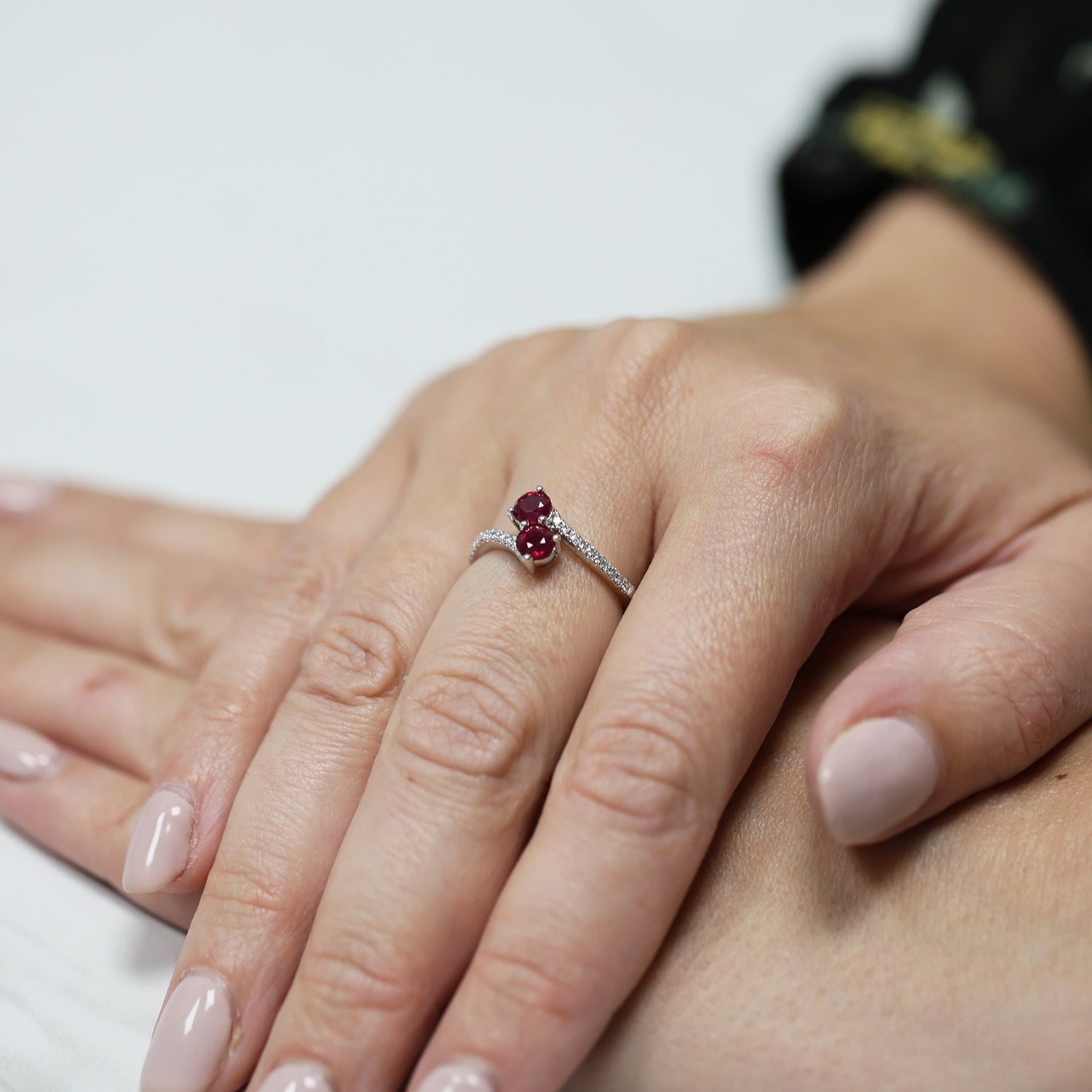 Berry's Platinum Round Brilliant Cut Ruby Two Stone Twist Ring With Diamond Set Shoulders - Berry's Jewellers