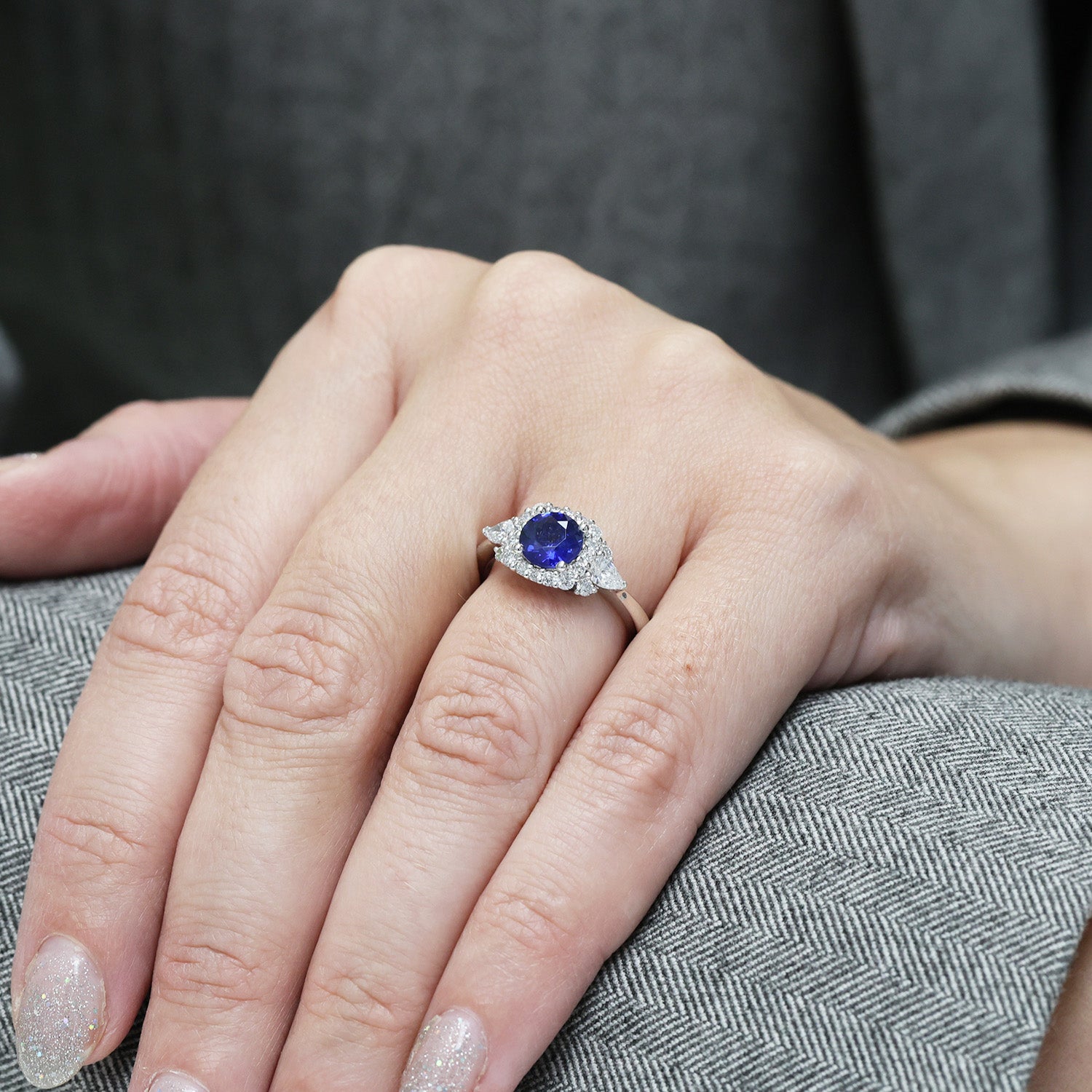 Platinum Round Brilliant Cut Sapphire And Diamond Cluster Ring