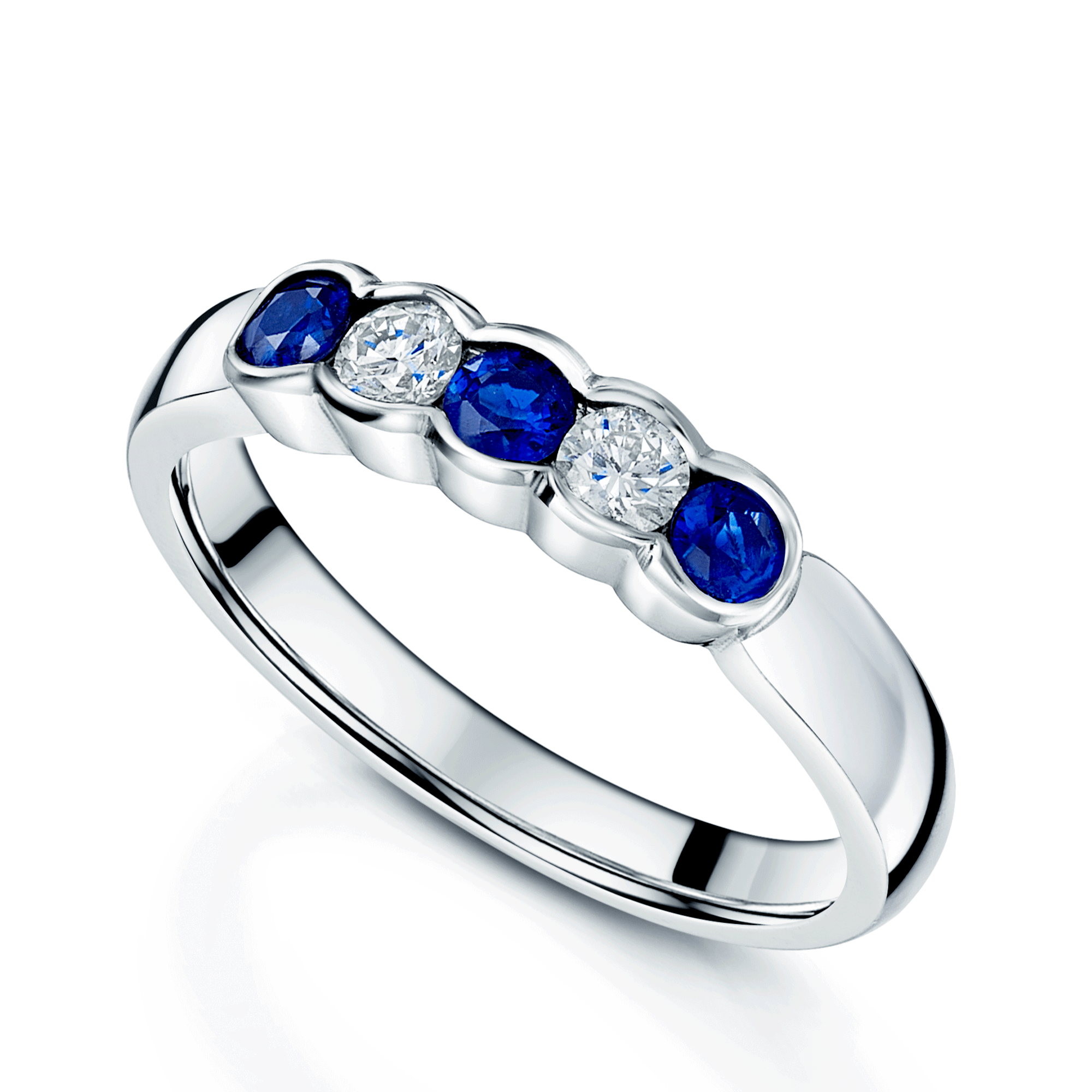 Platinum Round Brilliant Cut Sapphire & Diamond Rub Over Set Five Stone Ring