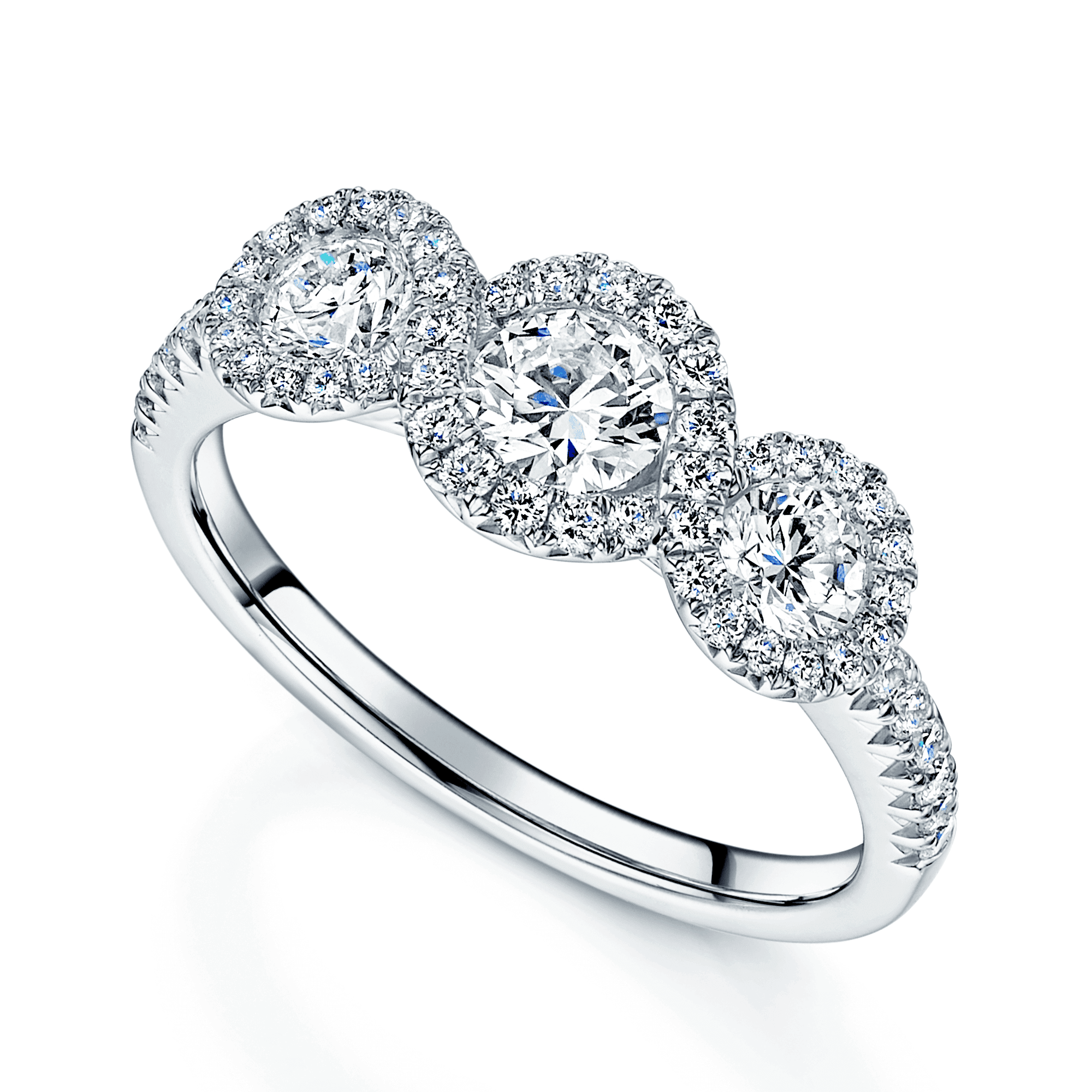 Berry's Platinum Round Brilliant Diamond Fancy Three Stone Ring With A Diamond Halo Surround - Berry's Jewellers