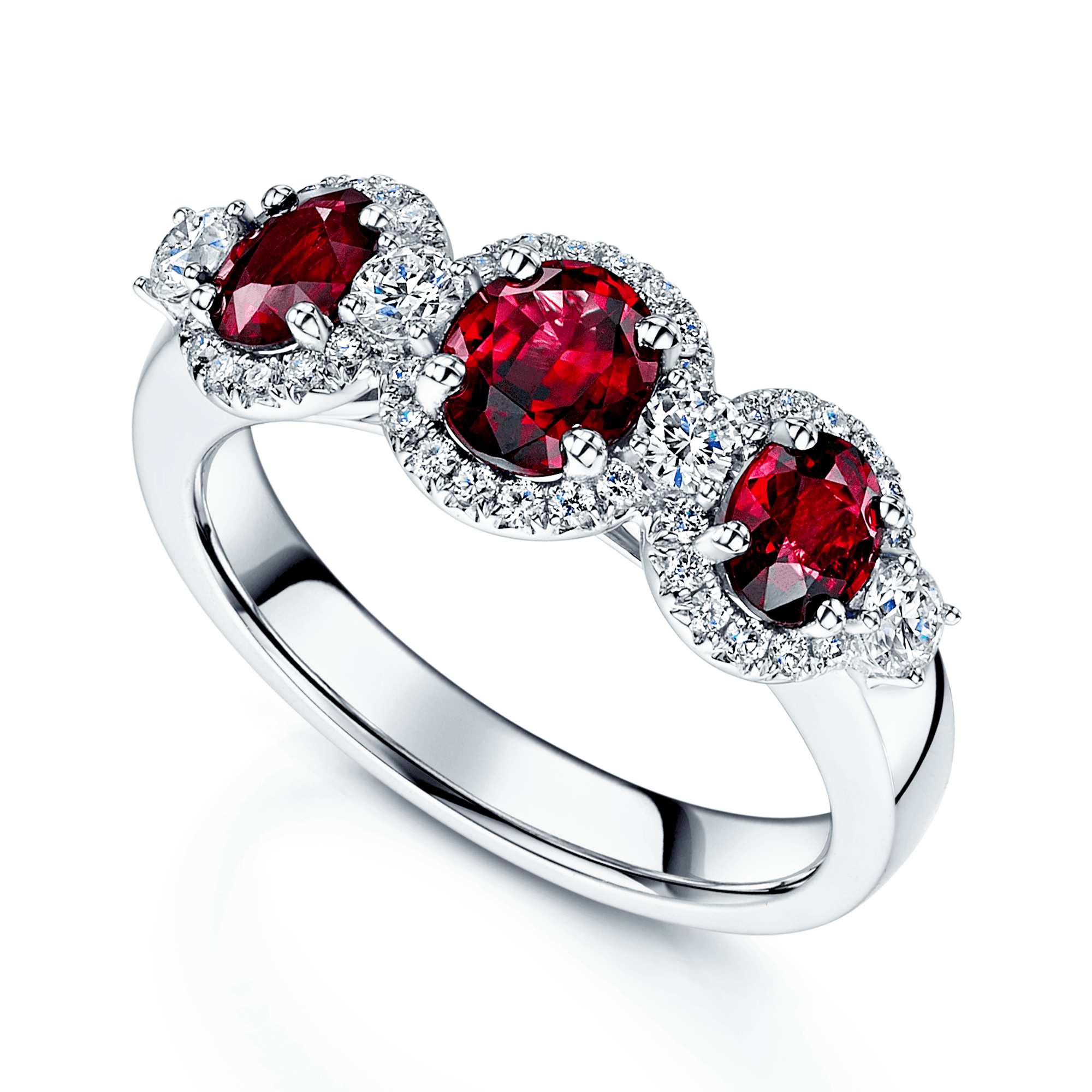 Berry's Platinum Round Brilliant Ruby Fancy Three Stone Ring With A Diamond Halo Surround - Berry's Jewellers