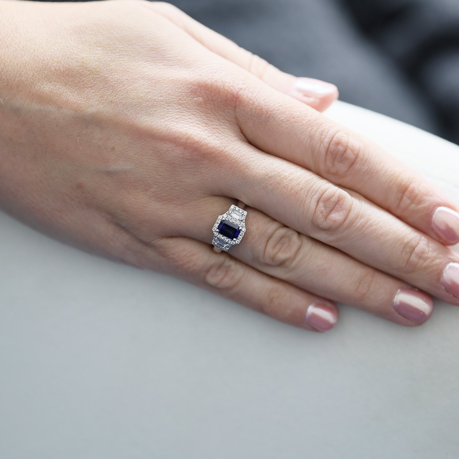 Berry's Platinum Sapphire And Baguette Cut Diamond Three Stone Ring With A Halo Surround - Berry's Jewellers