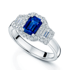 Berry's Platinum Sapphire And Baguette Cut Diamond Three Stone Ring With A Halo Surround - Berry's Jewellers