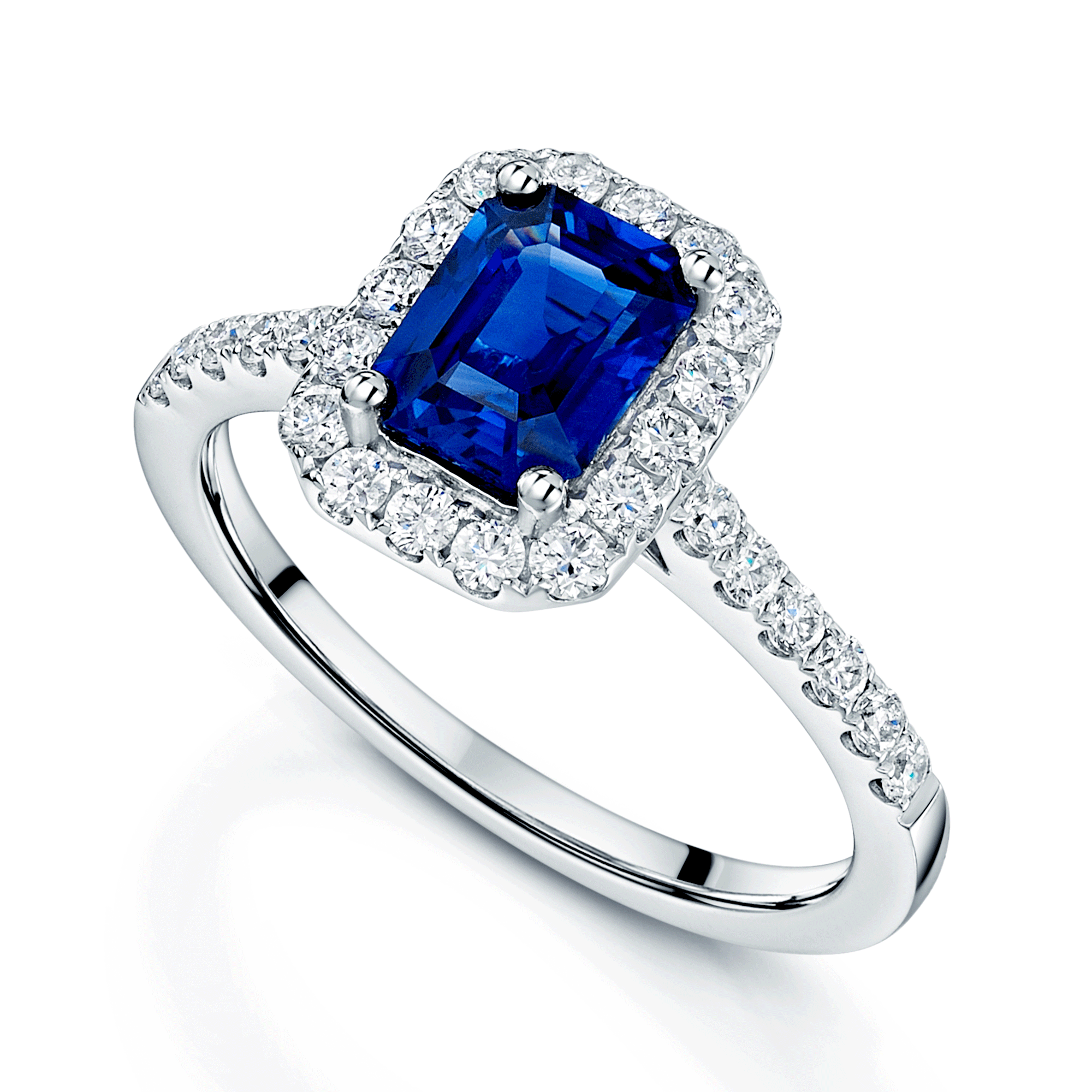 Berry's Platinum  Sapphire And Diamond Halo Ring With Diamond Shoulders - Berry's Jewellers