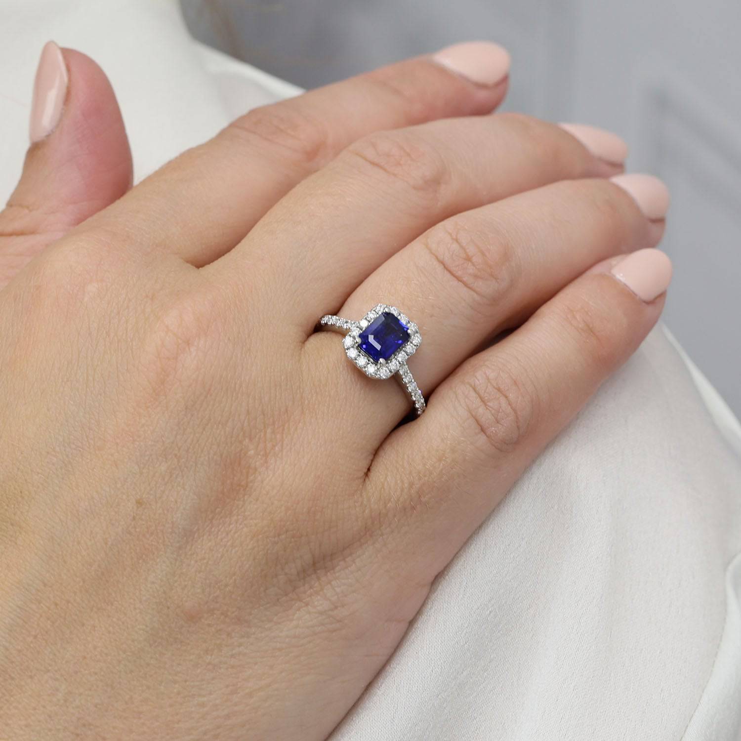 Berry's Platinum  Sapphire And Diamond Halo Ring With Diamond Shoulders - Berry's Jewellers