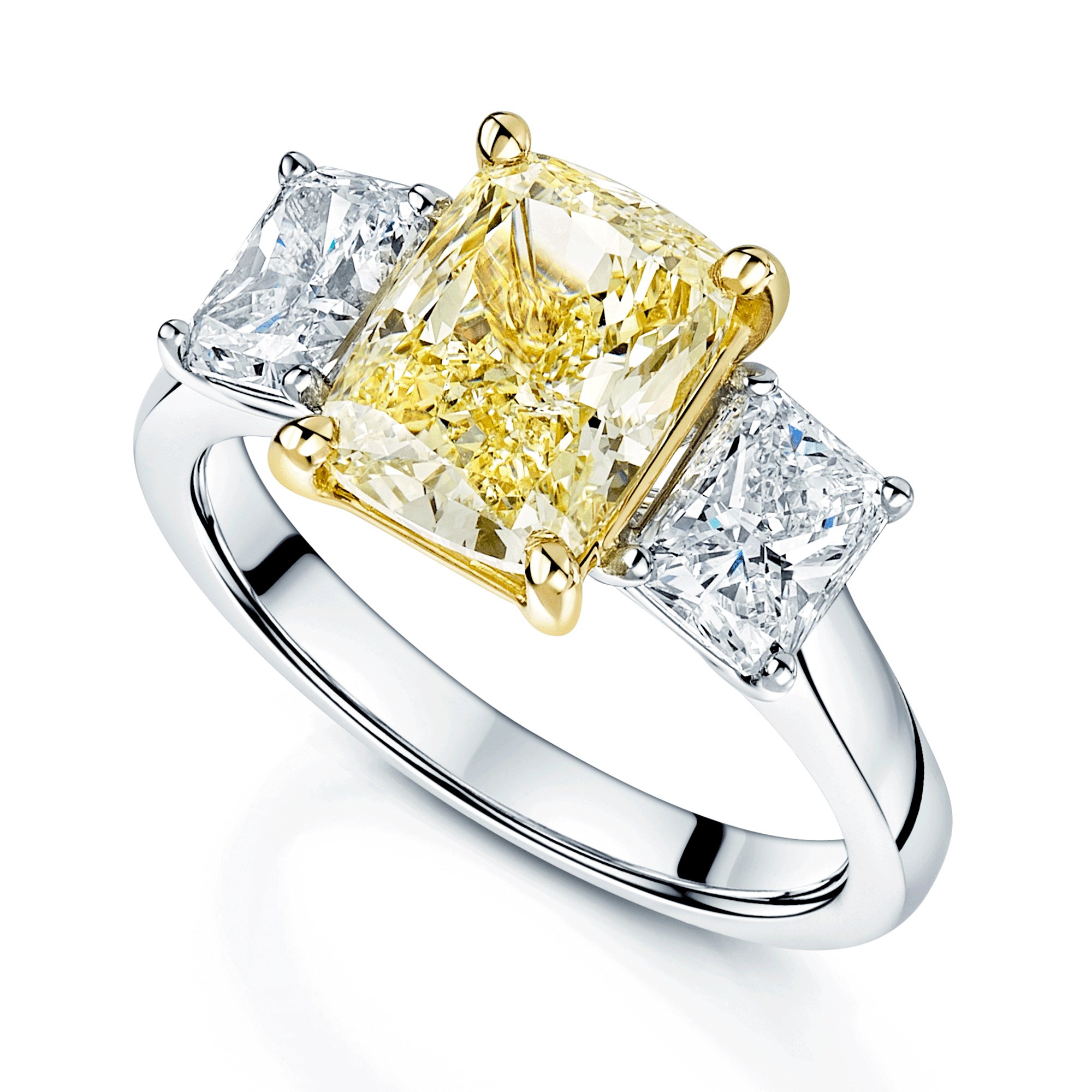 Platinum Set Fancy Yellow Radiant Cut Diamond Three Stone Ring With Radiant Cut Diamond Shoulders