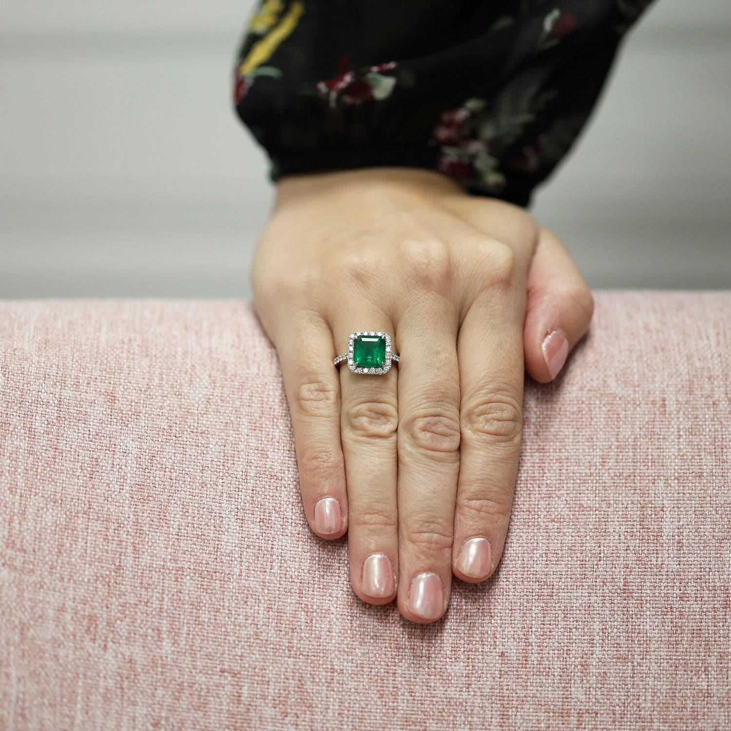 Berry's Platinum Square Cut Emerald And Round Brilliant Cut Diamond Cluster Ring With Diamond Set Shoulders - Berry's Jewellers