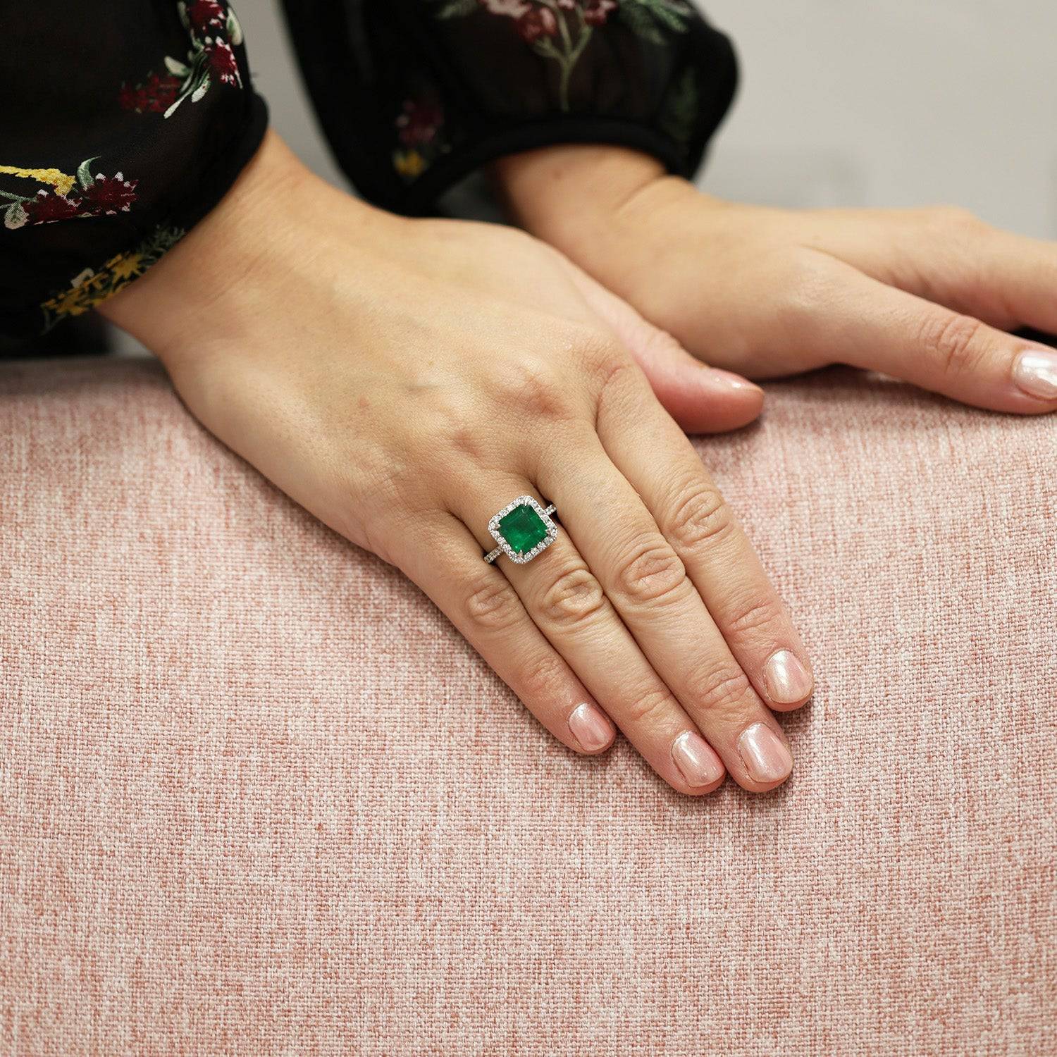 Berry's Platinum Square Cut Emerald And Round Brilliant Cut Diamond Cluster Ring With Diamond Set Shoulders - Berry's Jewellers