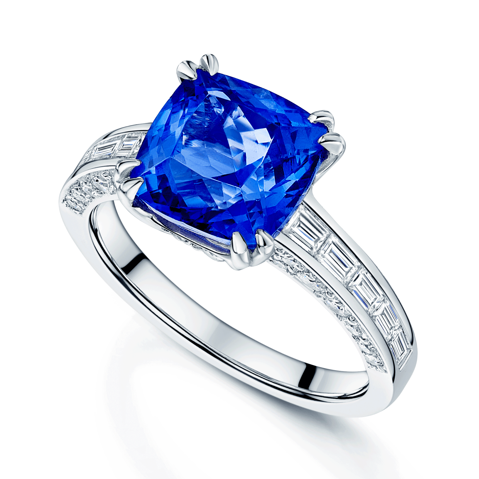 Berry's Platinum Tanzanite Ring With Baguette Diamond Shoulders & Diamond Pave Under Bezel - Berry's Jewellers