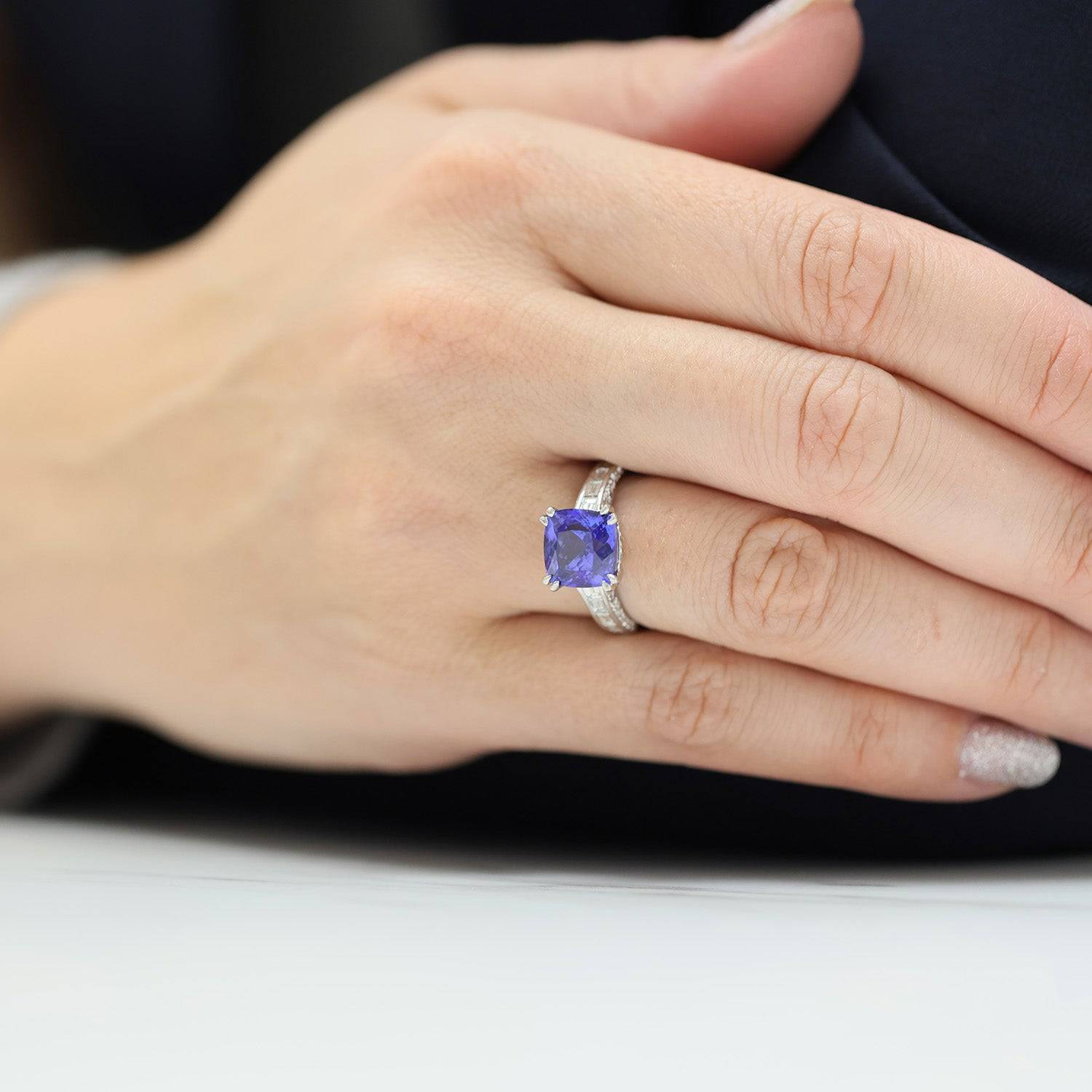 Berry's Platinum Tanzanite Ring With Baguette Diamond Shoulders & Diamond Pave Under Bezel - Berry's Jewellers