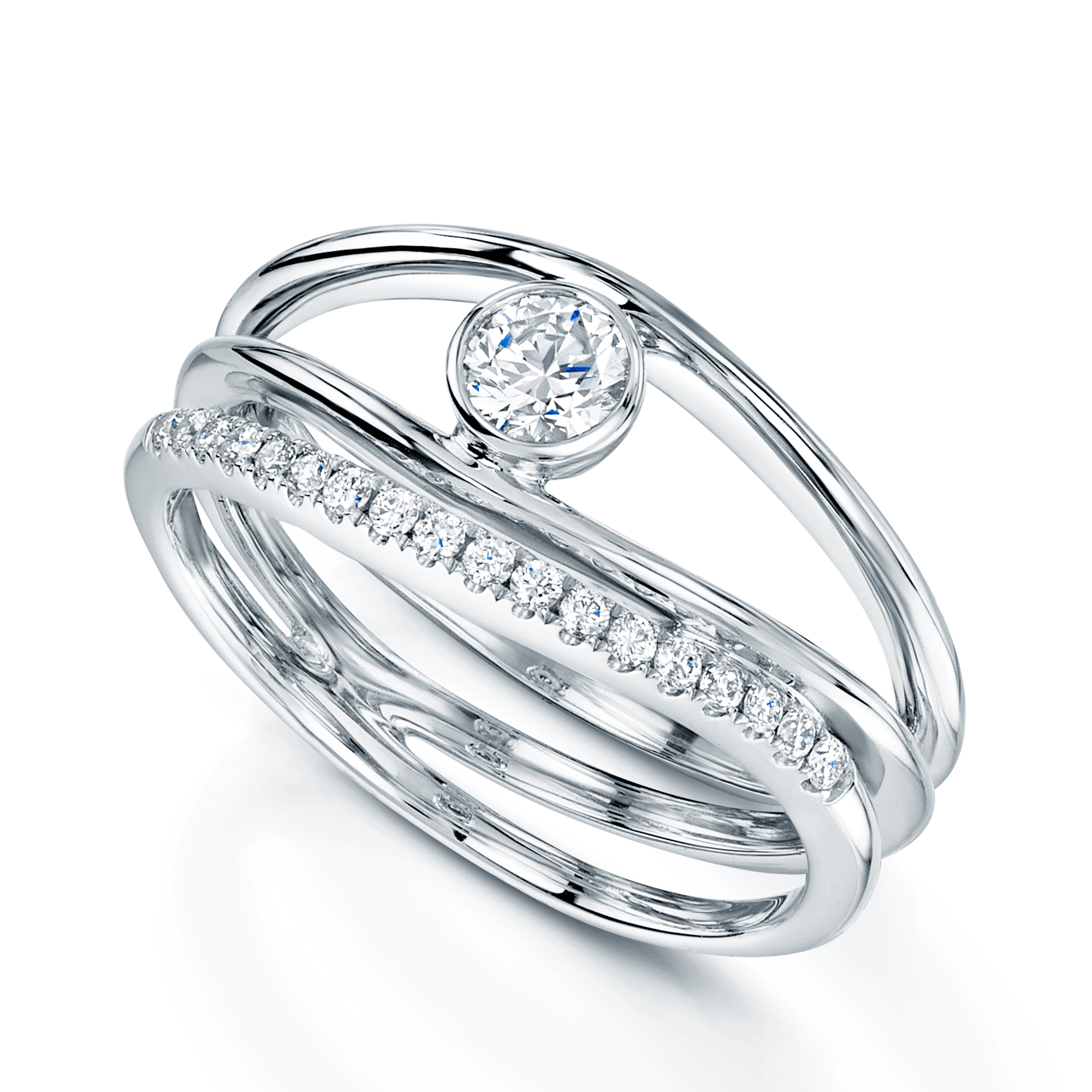 Platinum Triple Band Diamond Single Stone Ring With One Band Of Diamonds