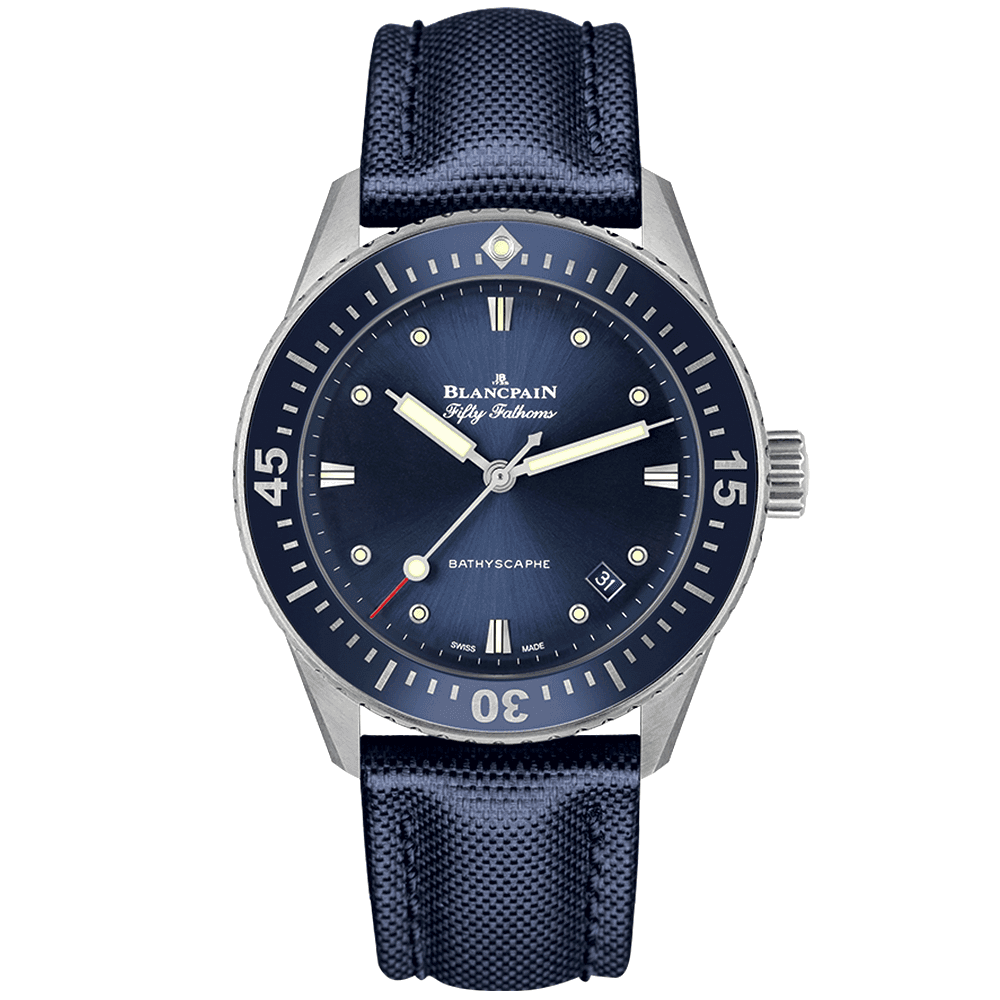 Blancpain Fifty Fathoms Bathyscaphe 38mm Blue Dial & Canvas Strap Watch - Berry's Jewellers