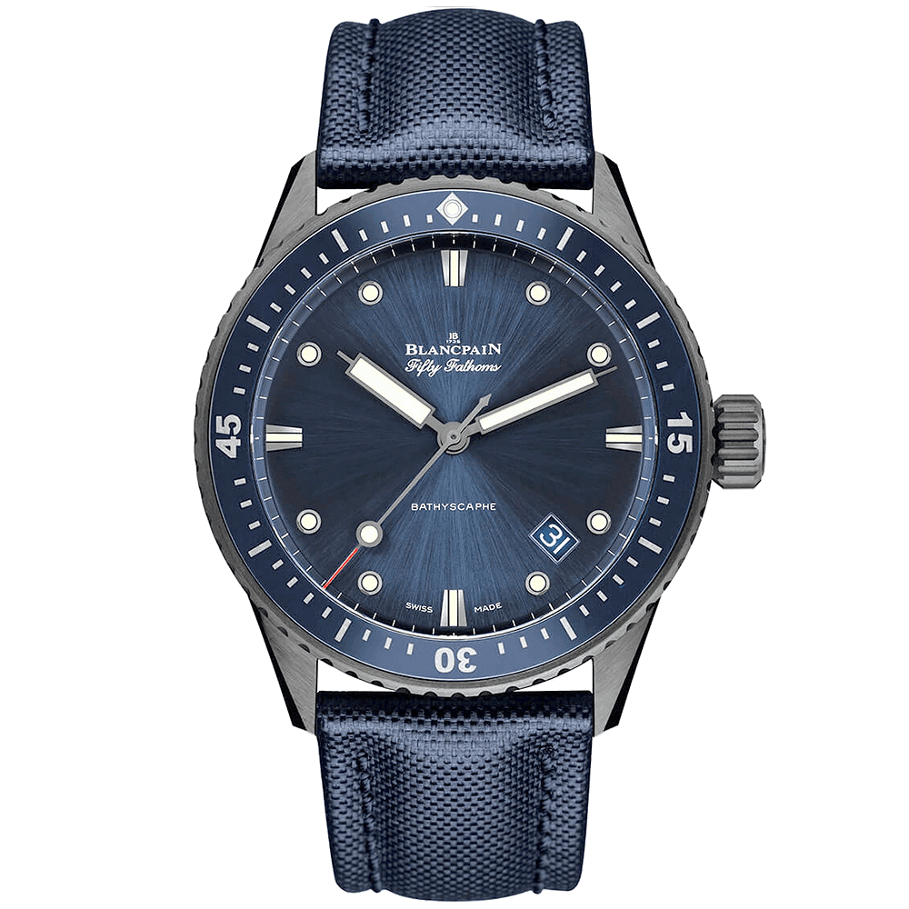 Fifty Fathoms Bathyscaphe 43mm Blue Dial & Canvas Strap Watch