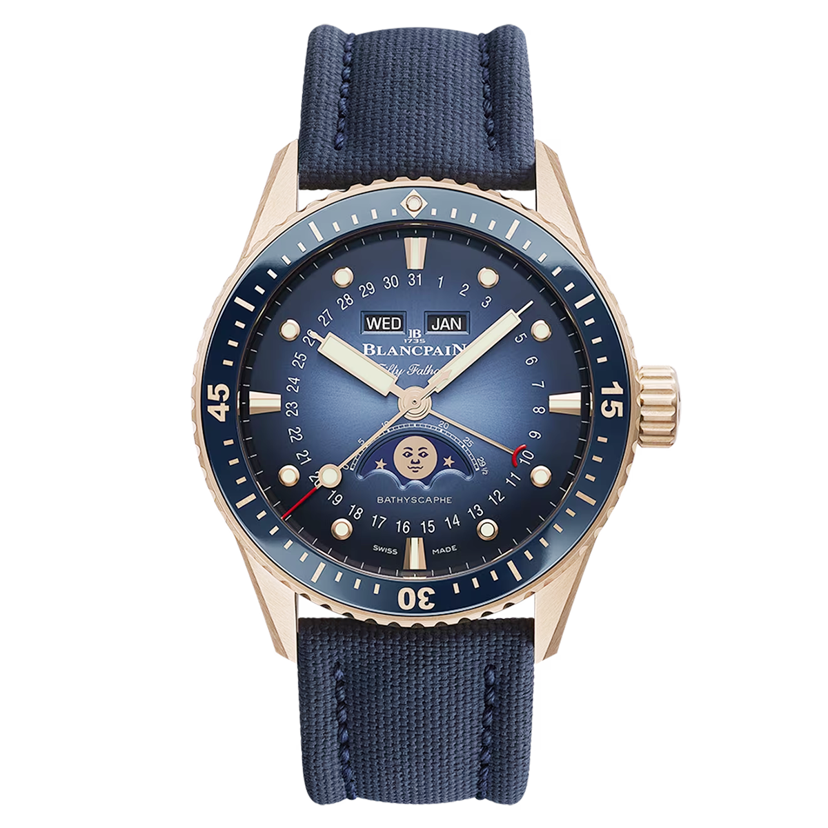 Fifty Fathoms Bathyscaphe Quantieme Complet 43mm Phases de Lune Strap Watch