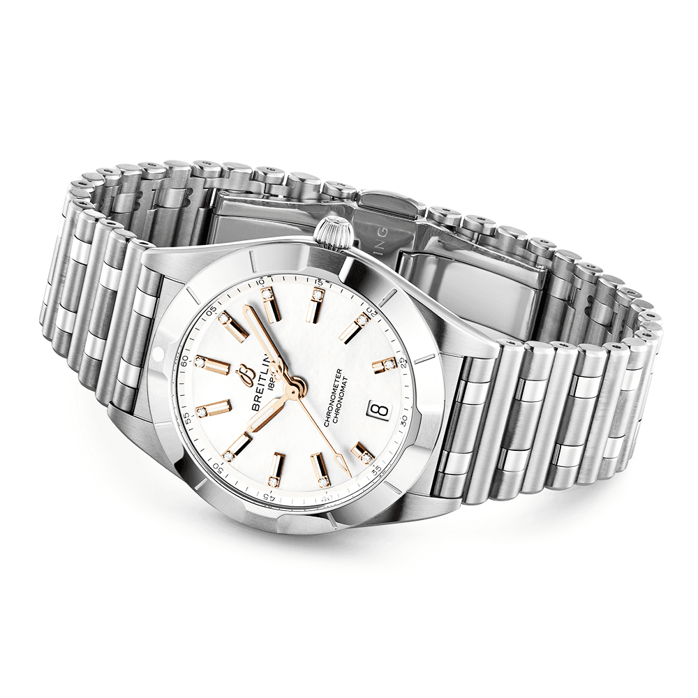 Breitling Chronomat 32mm White Mother of Pearl Diamond Dial Bracelet Watch - Berry's Jewellers