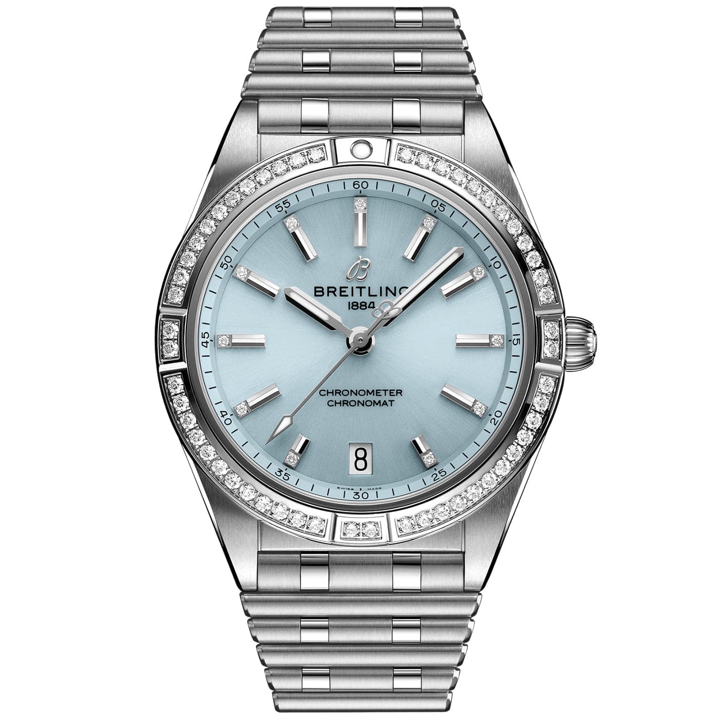 Breitling Chronomat 36mm 18ct White Gold & Steel Ice Blue Dial Diamond Set Watch - Berry's Jewellers