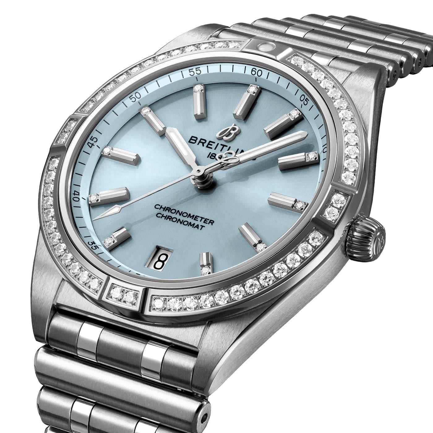 Breitling Chronomat 36mm 18ct White Gold & Steel Ice Blue Dial Diamond Set Watch - Berry's Jewellers