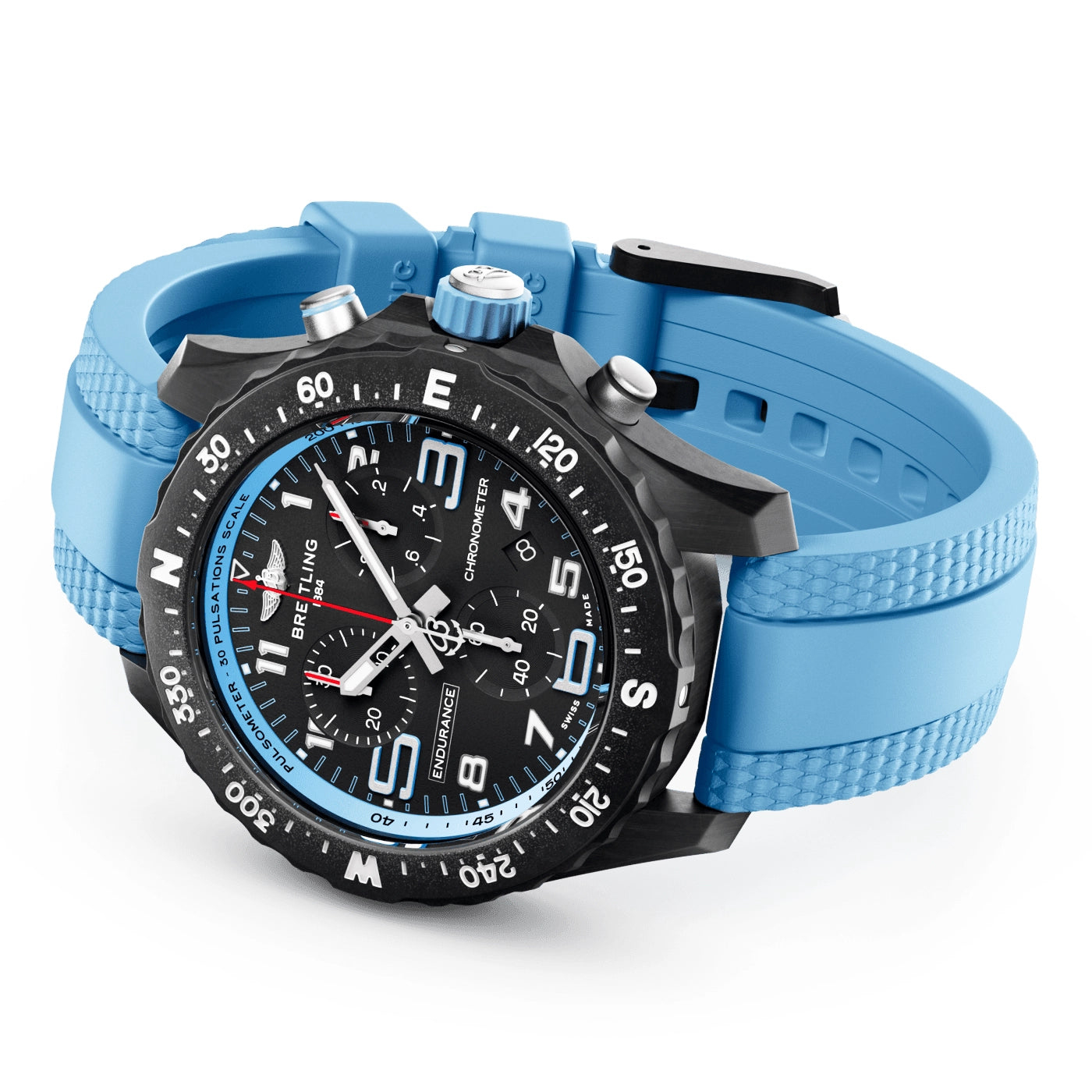 Breitling Endurance Pro 38mm Breitlight Black/Sky Blue Rubber Strap Watch - Berry's Jewellers