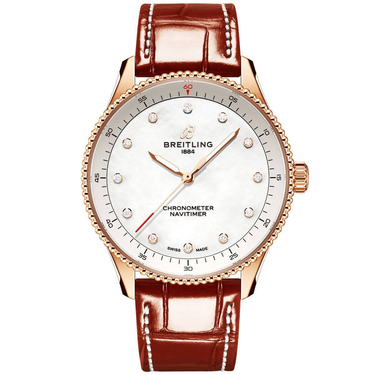 Breitling Navitimer 32mm 18ct Red Gold Diamond Dial Ladies Strap Watch - Berry's Jewellers