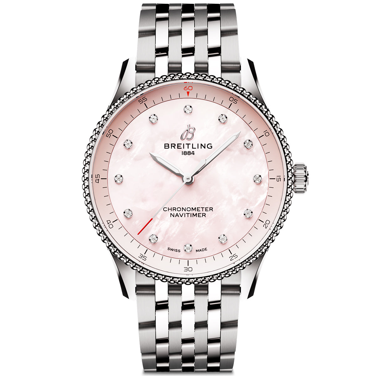 Breitling Navitimer 32mm Pink Mother of Pearl Diamond Dial Bracelet Watch - Berry's Jewellers