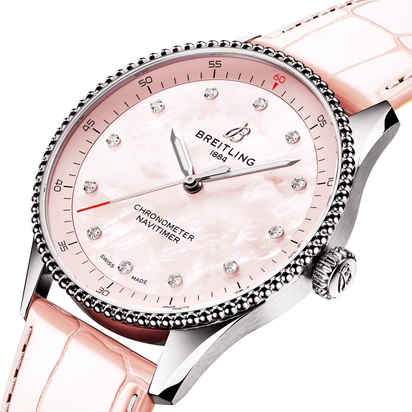 Navitimer 32mm Pink Mother of Pearl Diamond Dial Strap Watch