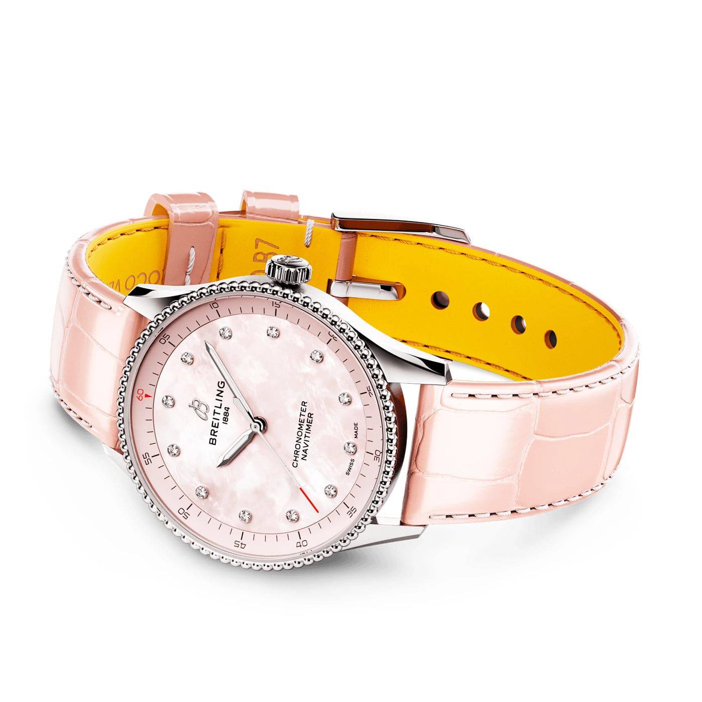 Breitling Navitimer 32mm Pink Mother of Pearl Diamond Dial Strap Watch - Berry's Jewellers