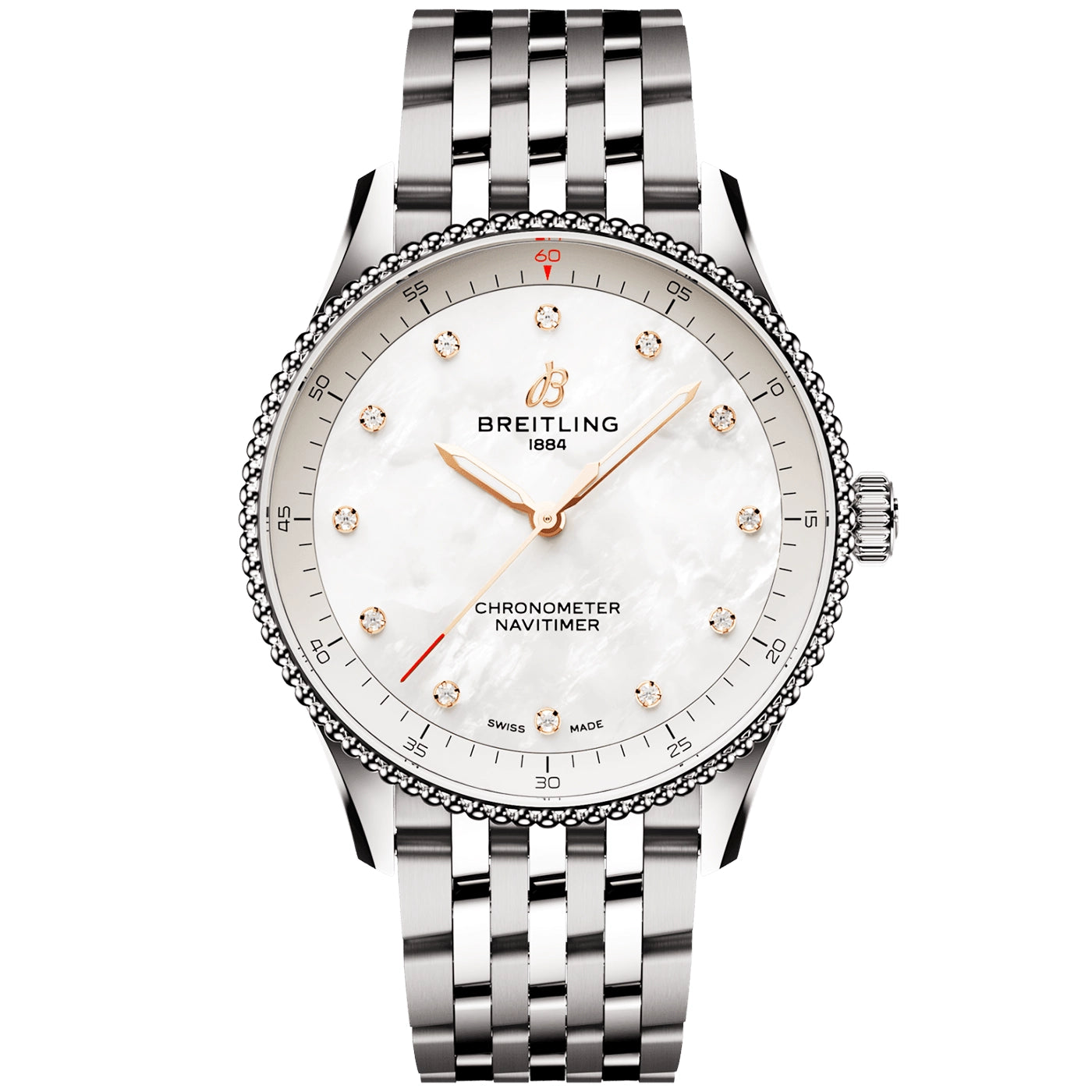 Breitling Navitimer 32mm White Mother of Pearl Diamond Dial Bracelet Watch - Berry's Jewellers