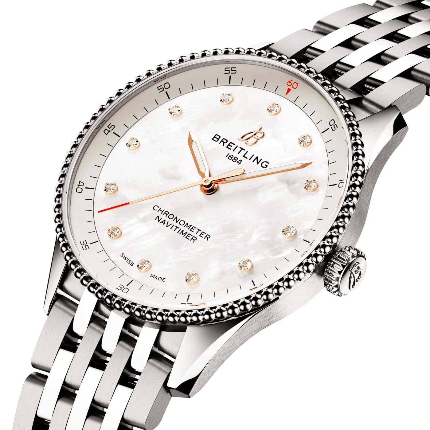 Breitling Navitimer 32mm White Mother of Pearl Diamond Dial Bracelet Watch - Berry's Jewellers