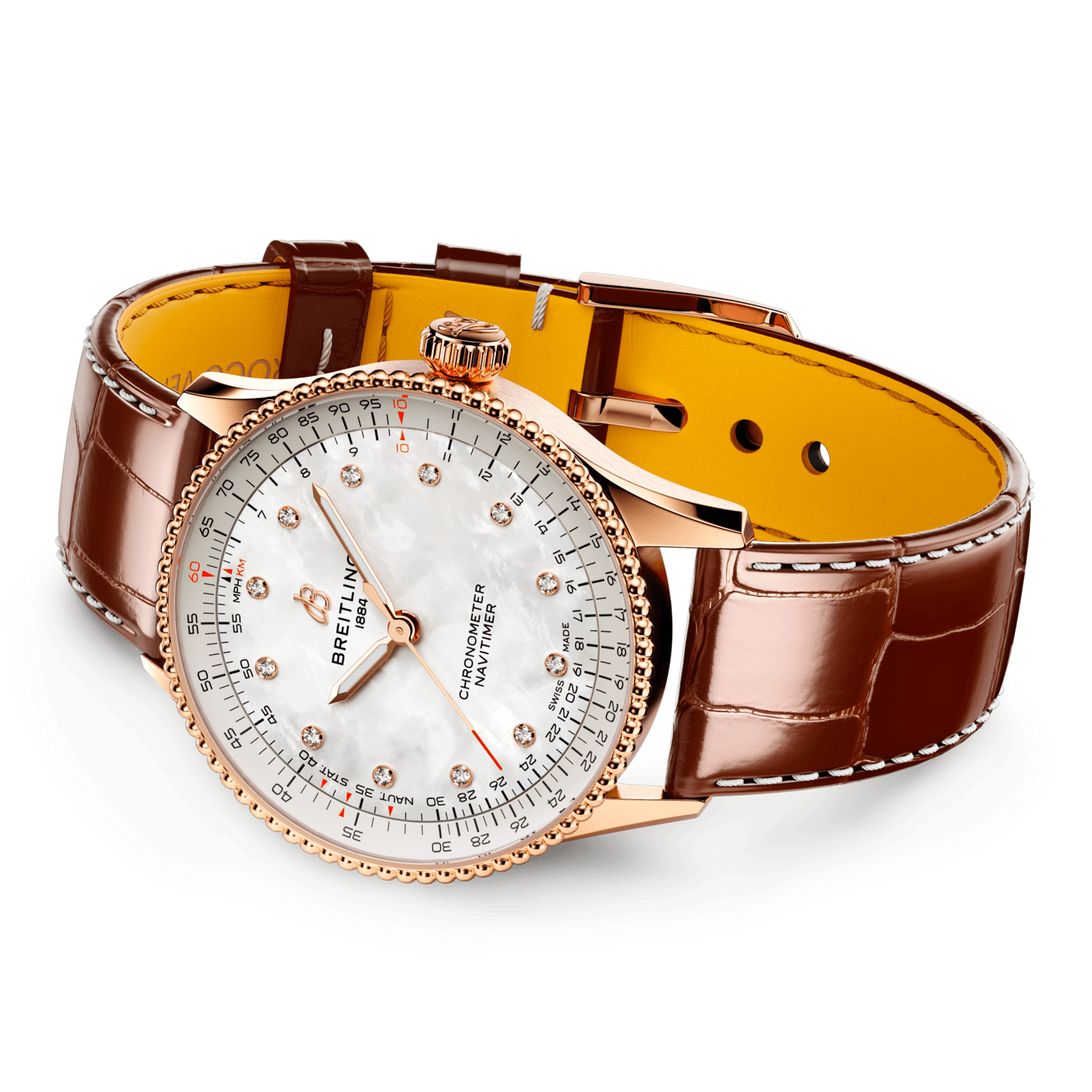 Breitling Navitimer 36mm 18ct Red Gold White Mother of Pearl Diamond Dial Strap Watch - Berry's Jewellers