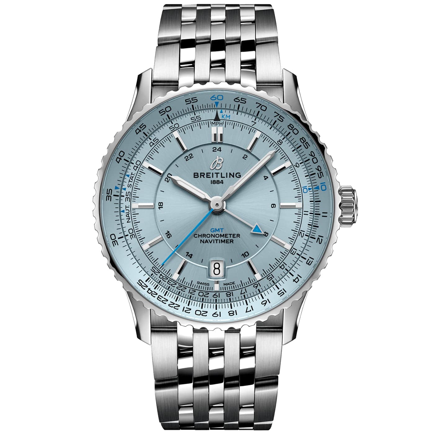 Breitling Navitimer GMT 41mm Ice Blue Dial Automatic Bracelet Watch - Berry's Jewellers