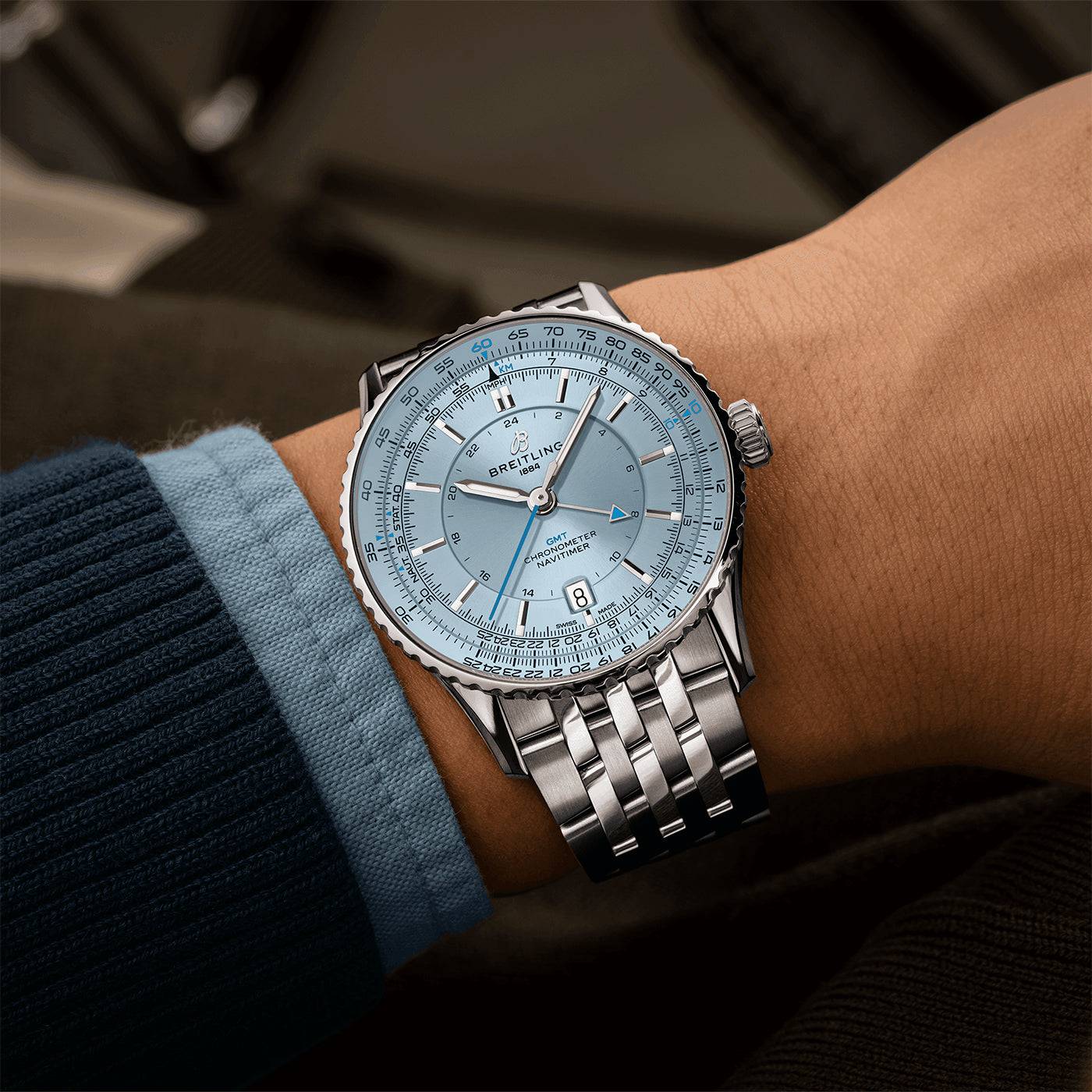 Breitling Navitimer GMT 41mm Ice Blue Dial Automatic Bracelet Watch - Berry's Jewellers